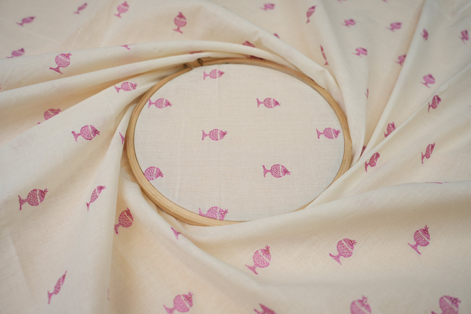 Pink Floral patten  with threadwork  and sequins all over on cotton fabric