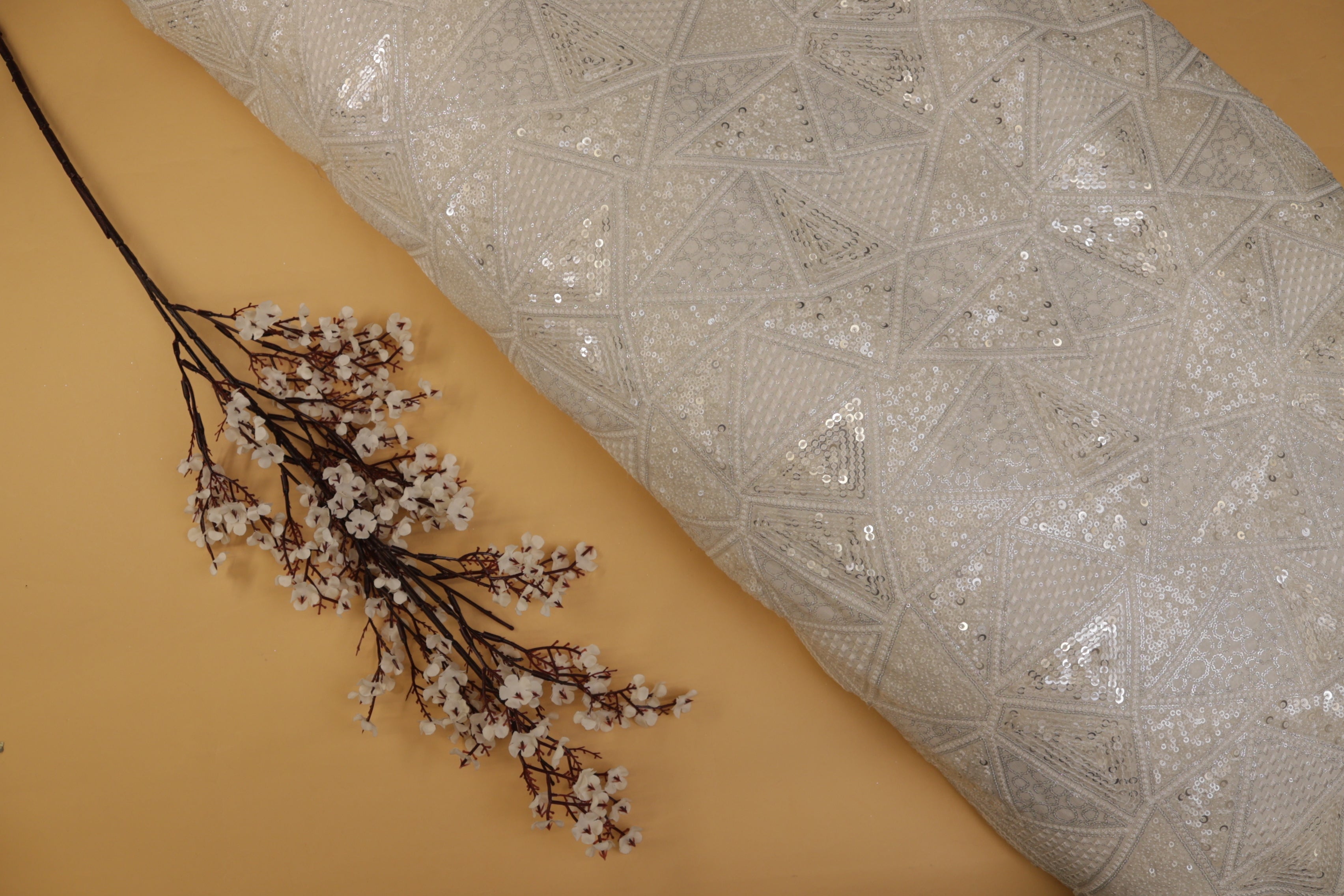 Geometric Pattern White Thread With Glitter & Matt Sequins Embroidered Georgette Fabric