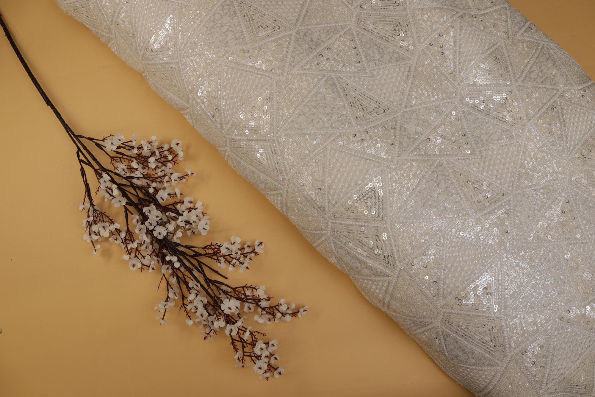 Geometric Pattern White Thread With Glitter & Matt Sequins Embroidered Georgette Fabric