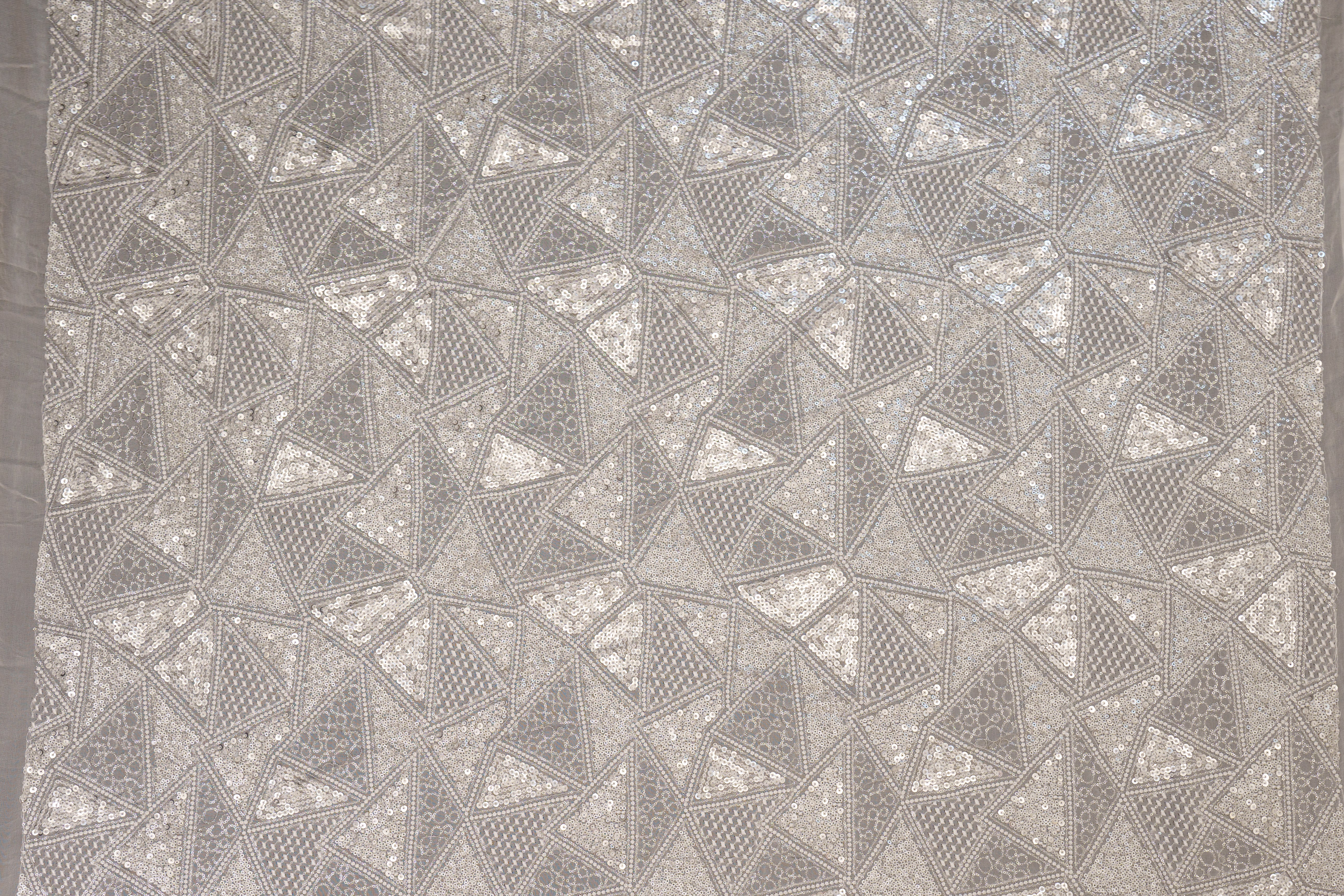 Geometric Pattern White Thread With Glitter & Matt Sequins Embroidered Georgette Fabric