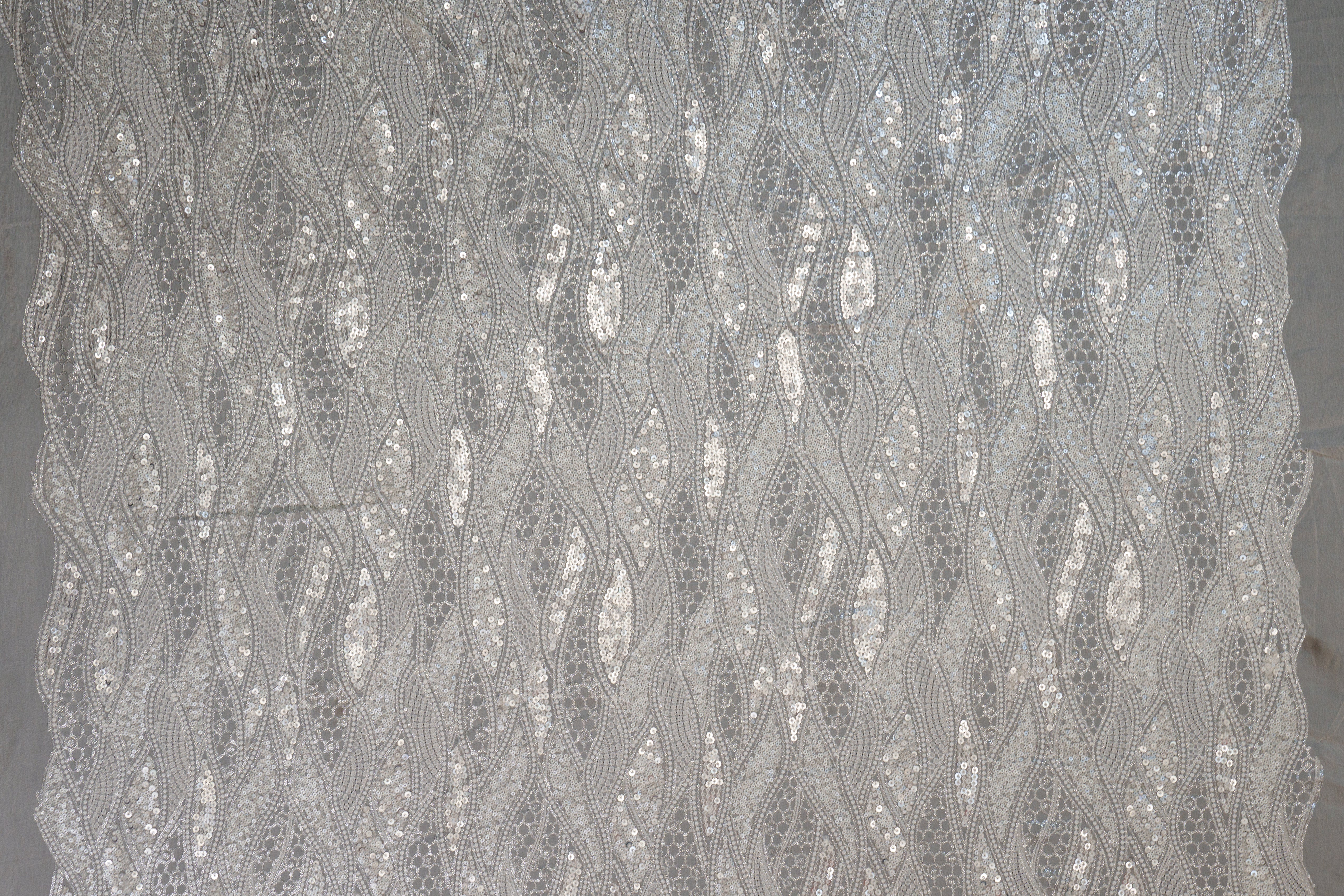 Abstract Pattern White Thread With Glitter Sequins & Matt Sequins Georgette Fabric