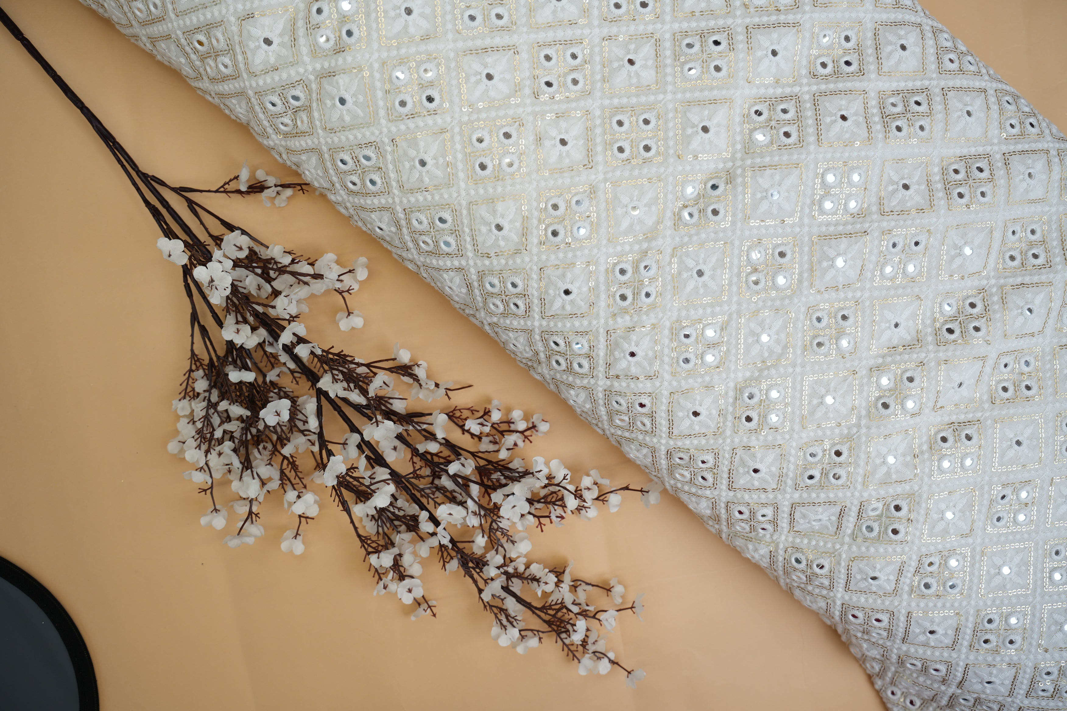 Geometric Pattern White Thread With Golden Sequins & Faux Mirror Georgette Fabric