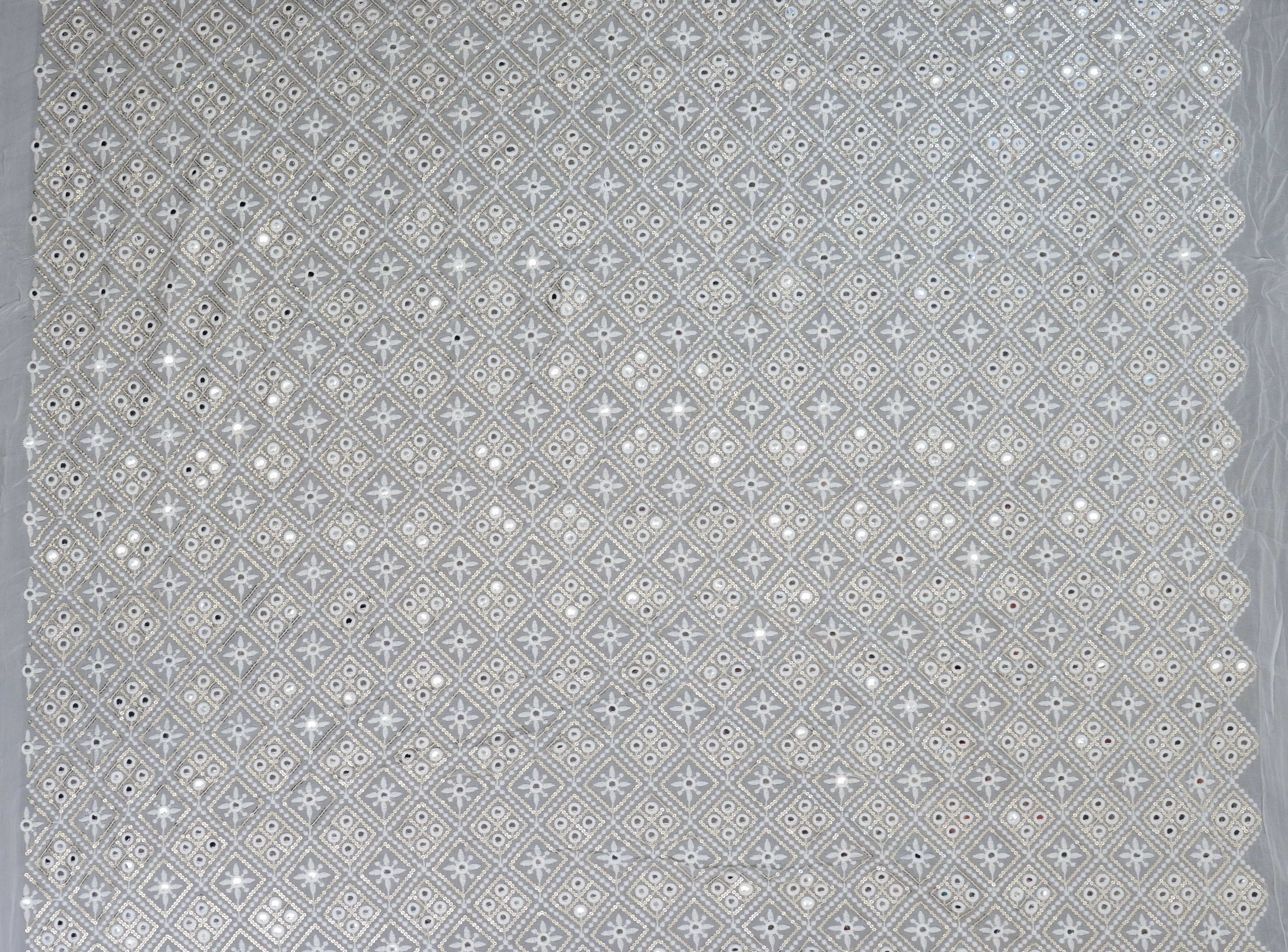 Geometric Pattern White Thread With Golden Sequins & Faux Mirror Georgette Fabric