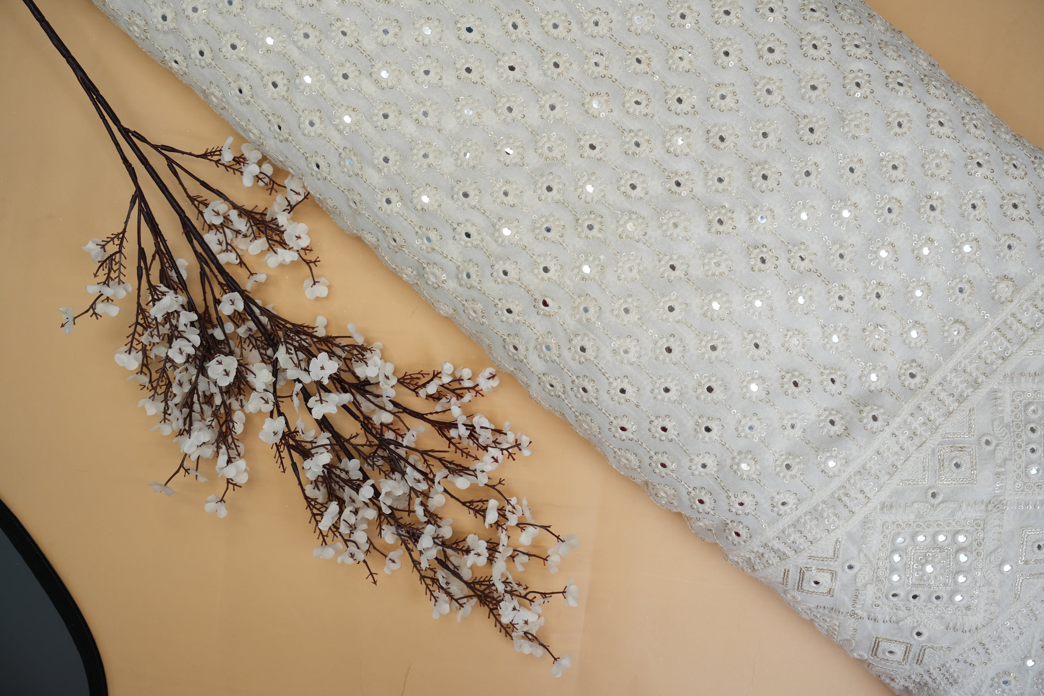 White Thread Geometric Georgette with Glittering Golden Sequins & Faux Mirror