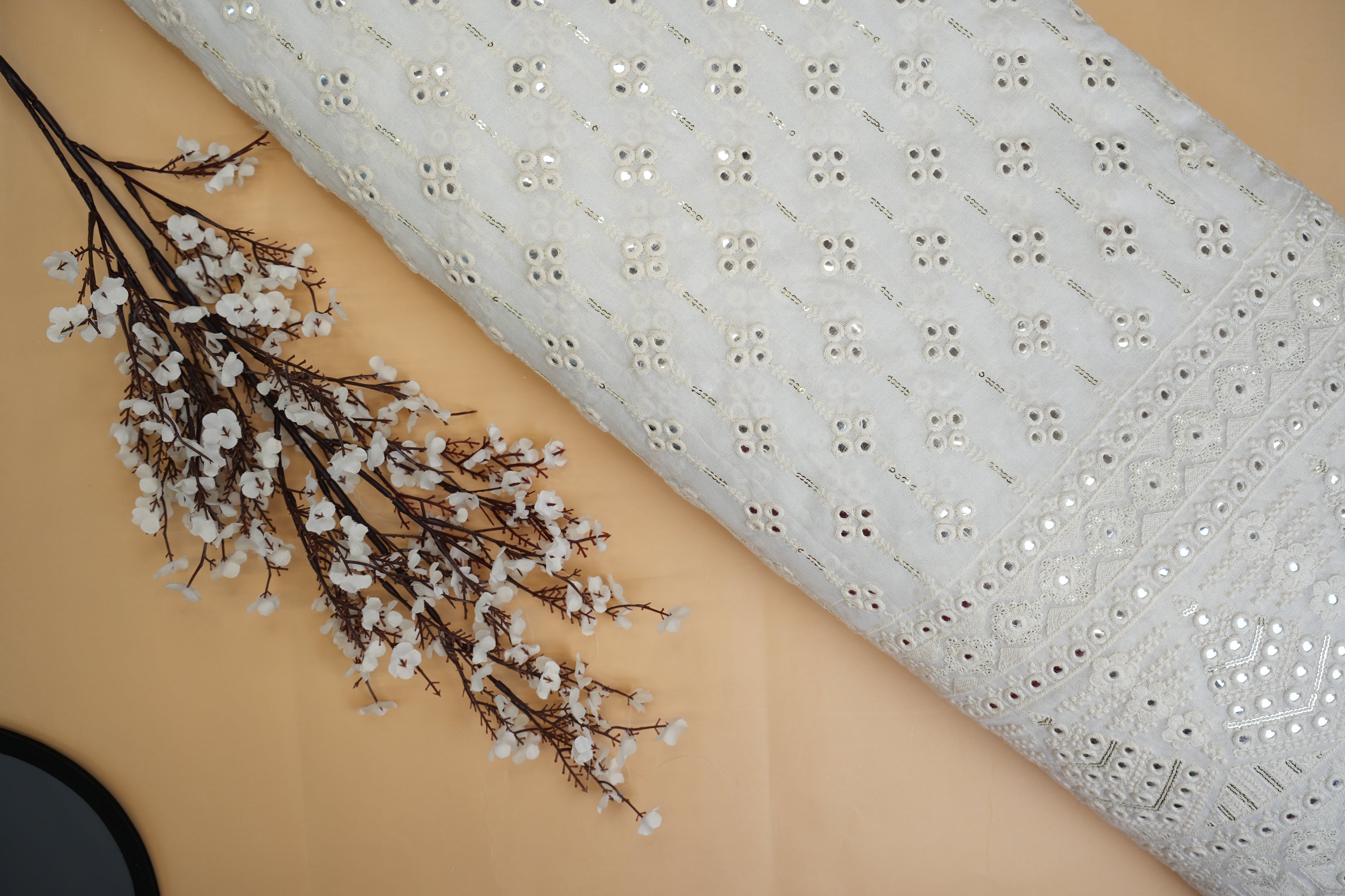 Golden Sequin & Faux Mirror Embellished White Georgette with Border