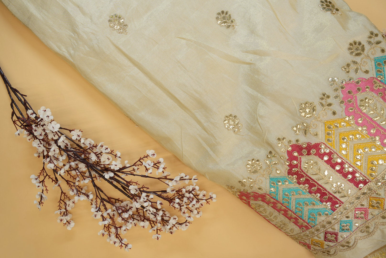 Vibrant Multicolor Floral Tissue with Gota Patti & Embroidered Border