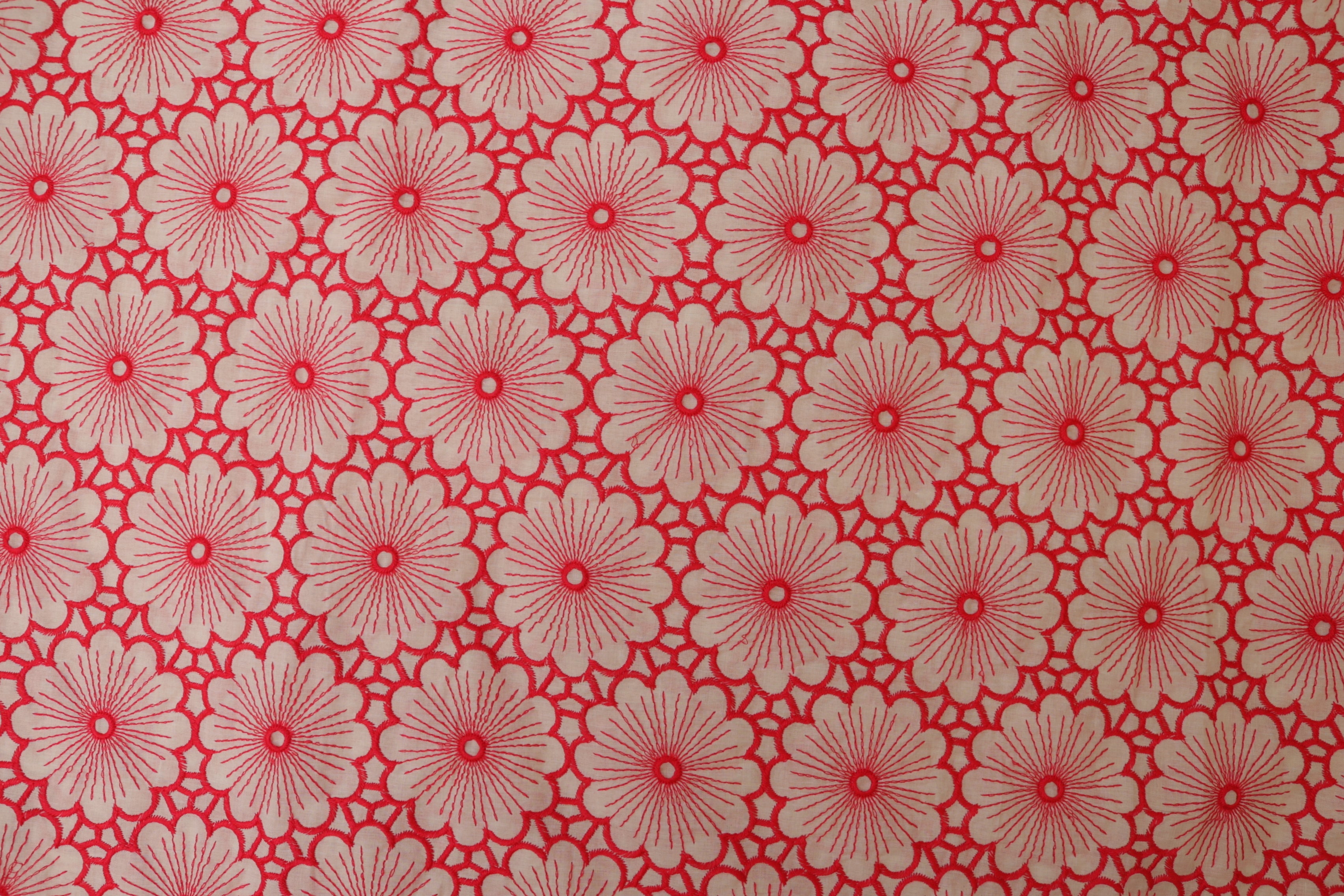 Red Floral pattern with  thread work embroidery cotton fabric