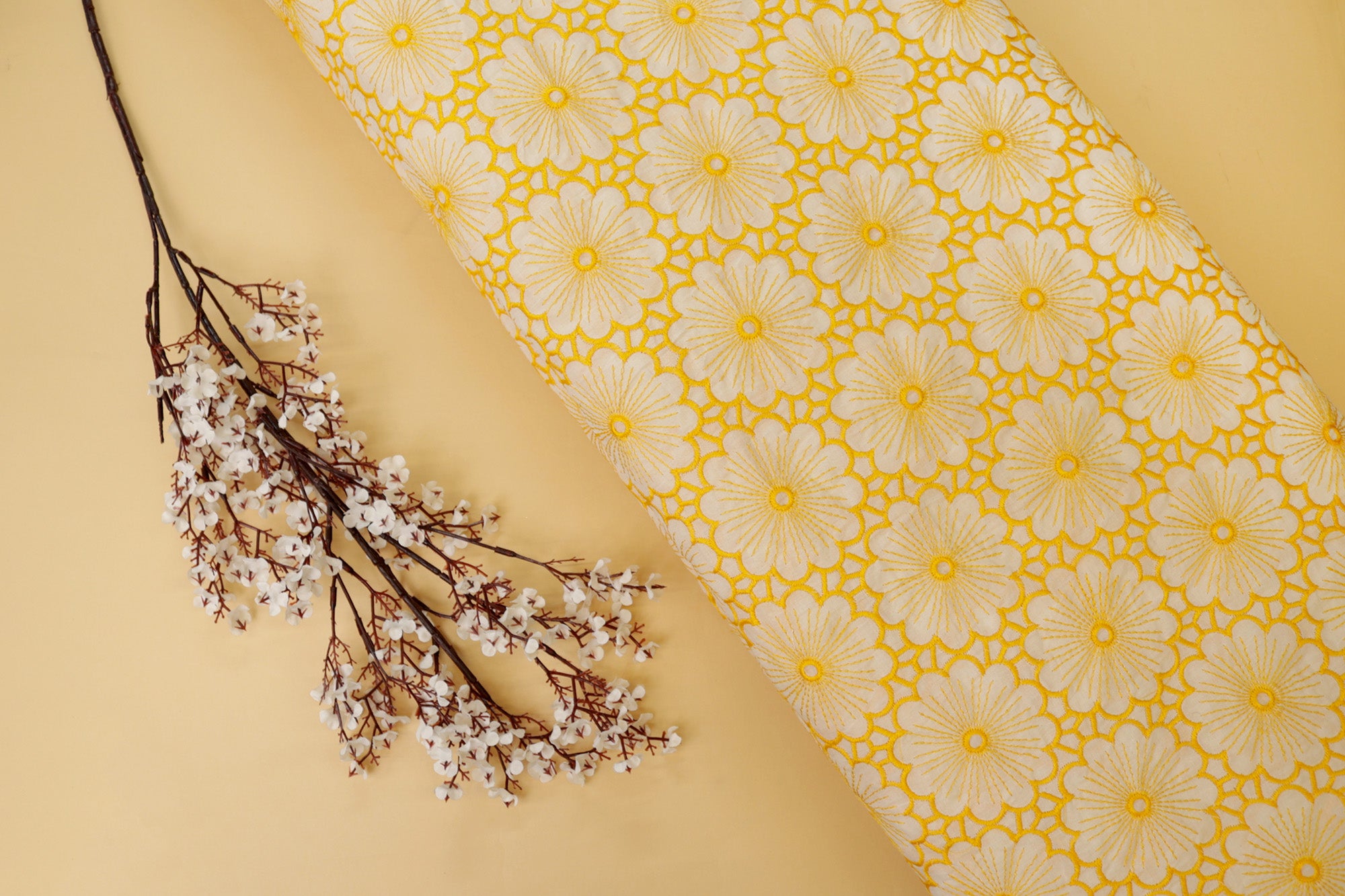 Yellow Floral pattern with  thread work embroidery cotton fabric