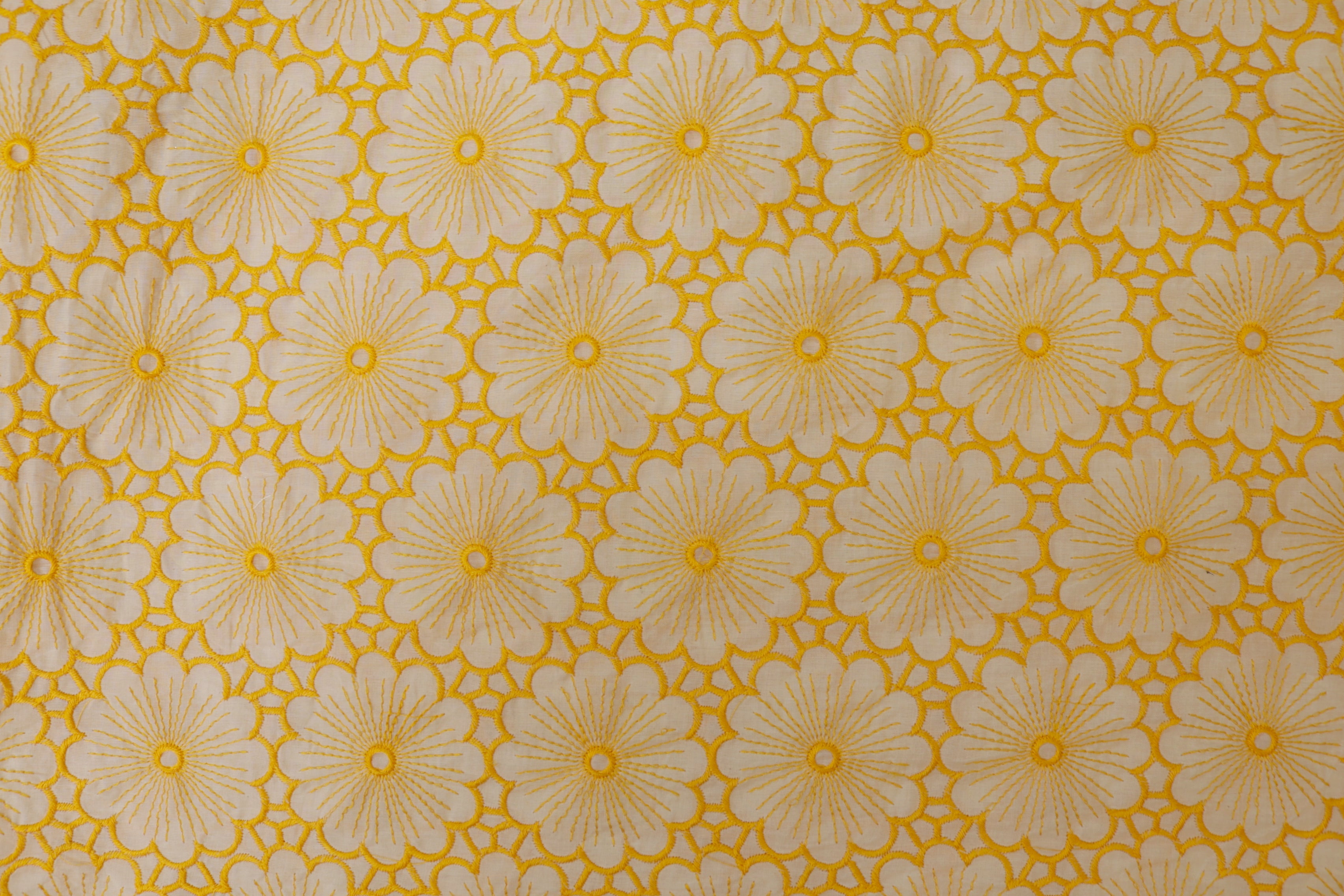 Yellow Floral pattern with  thread work embroidery cotton fabric