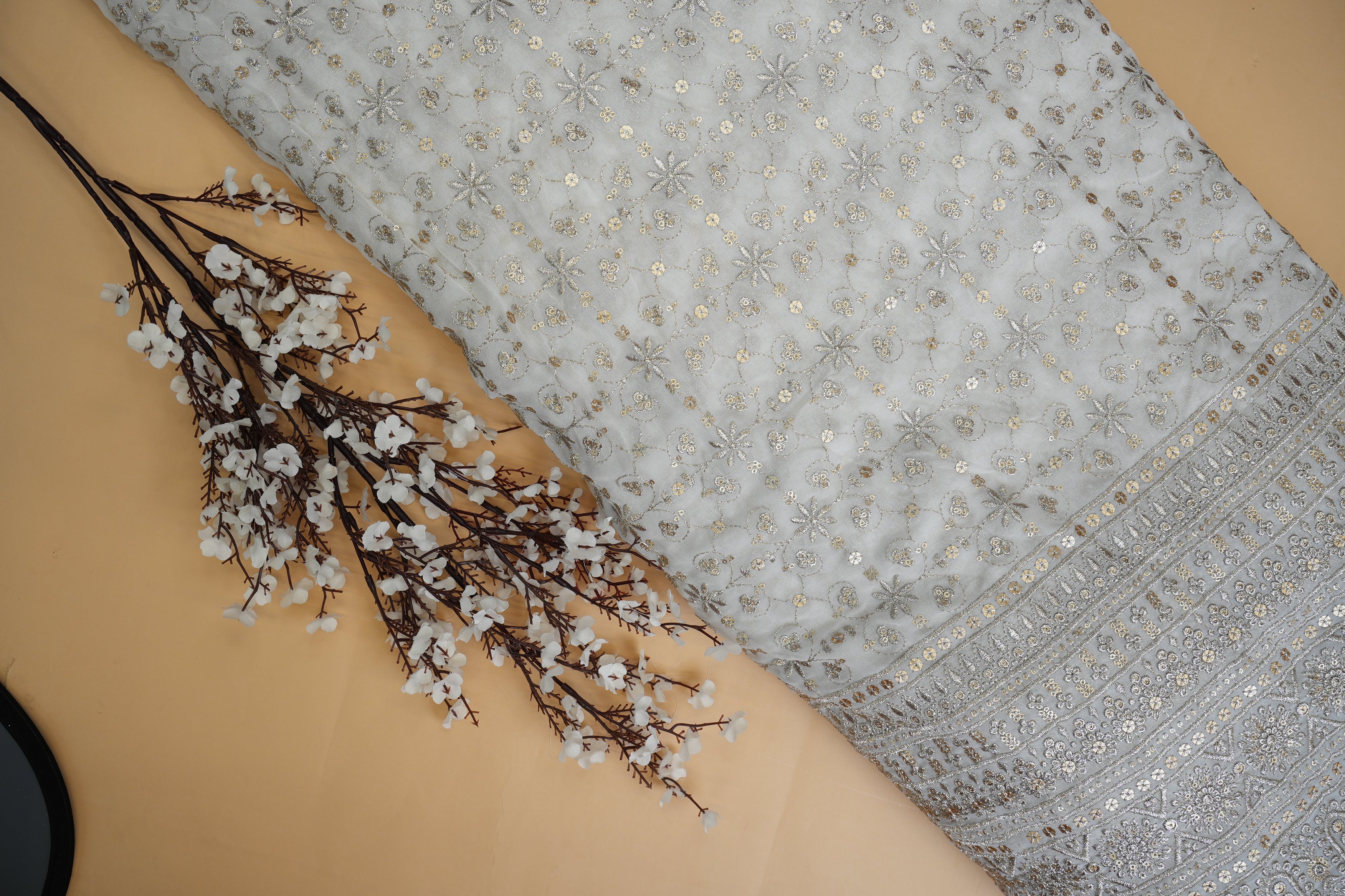 Traditional Pattern Golden Zari With Matt Sequins Embroidered Georgette Fabric With Border