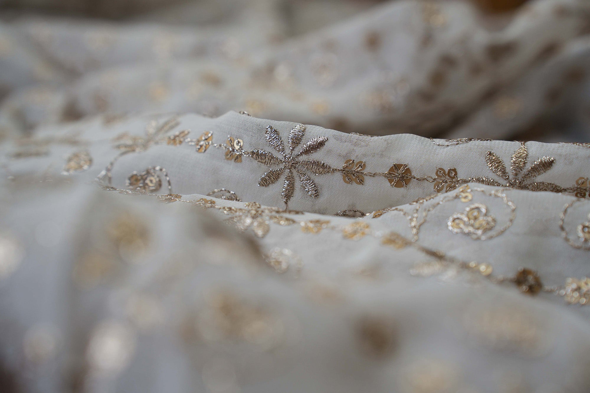 Traditional Pattern Golden Zari With Matte Sequins Embroidered Georgette Fabric With Border