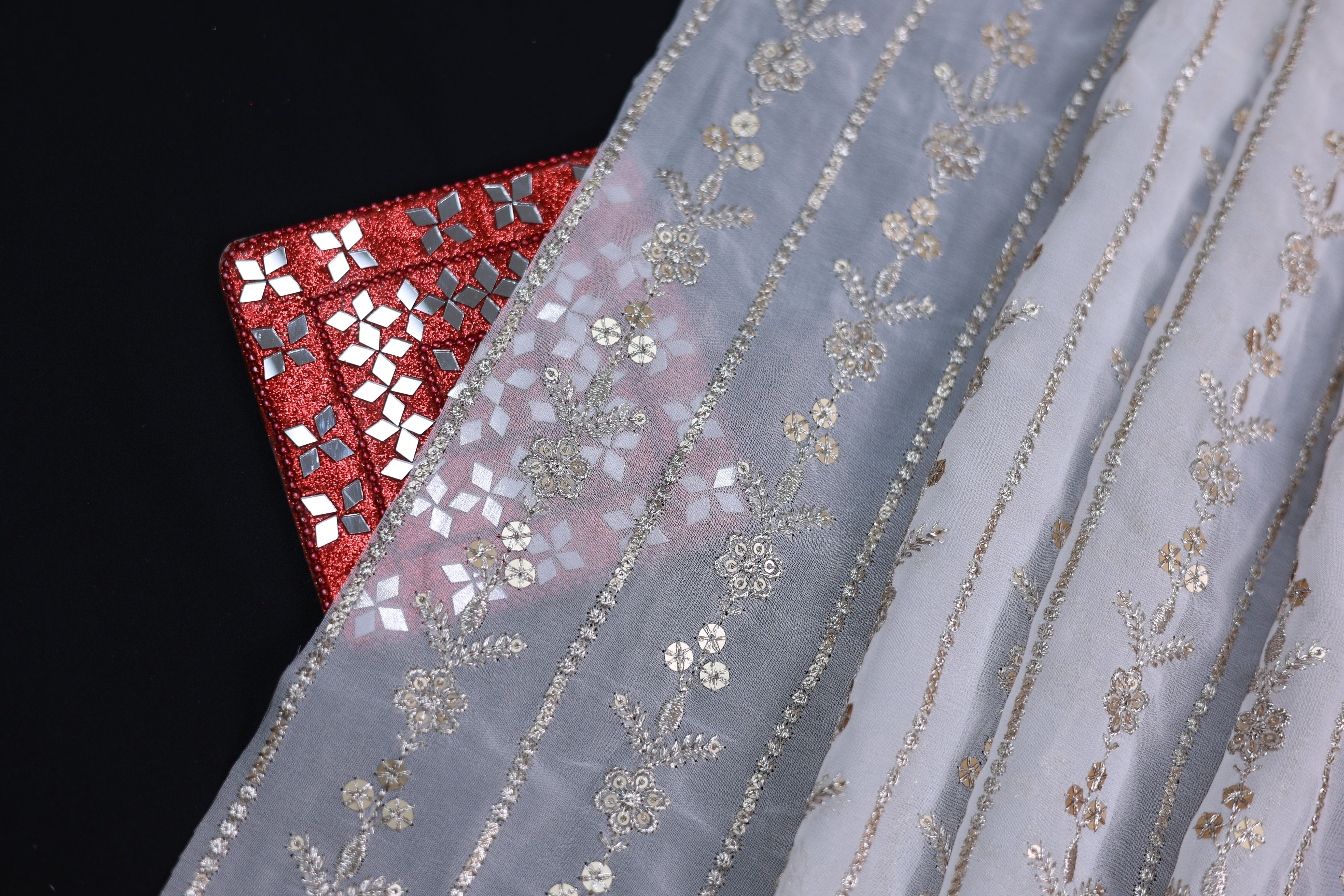 Abstract Pattern Zari Sequins Embroidered Georgette Fabric With Border