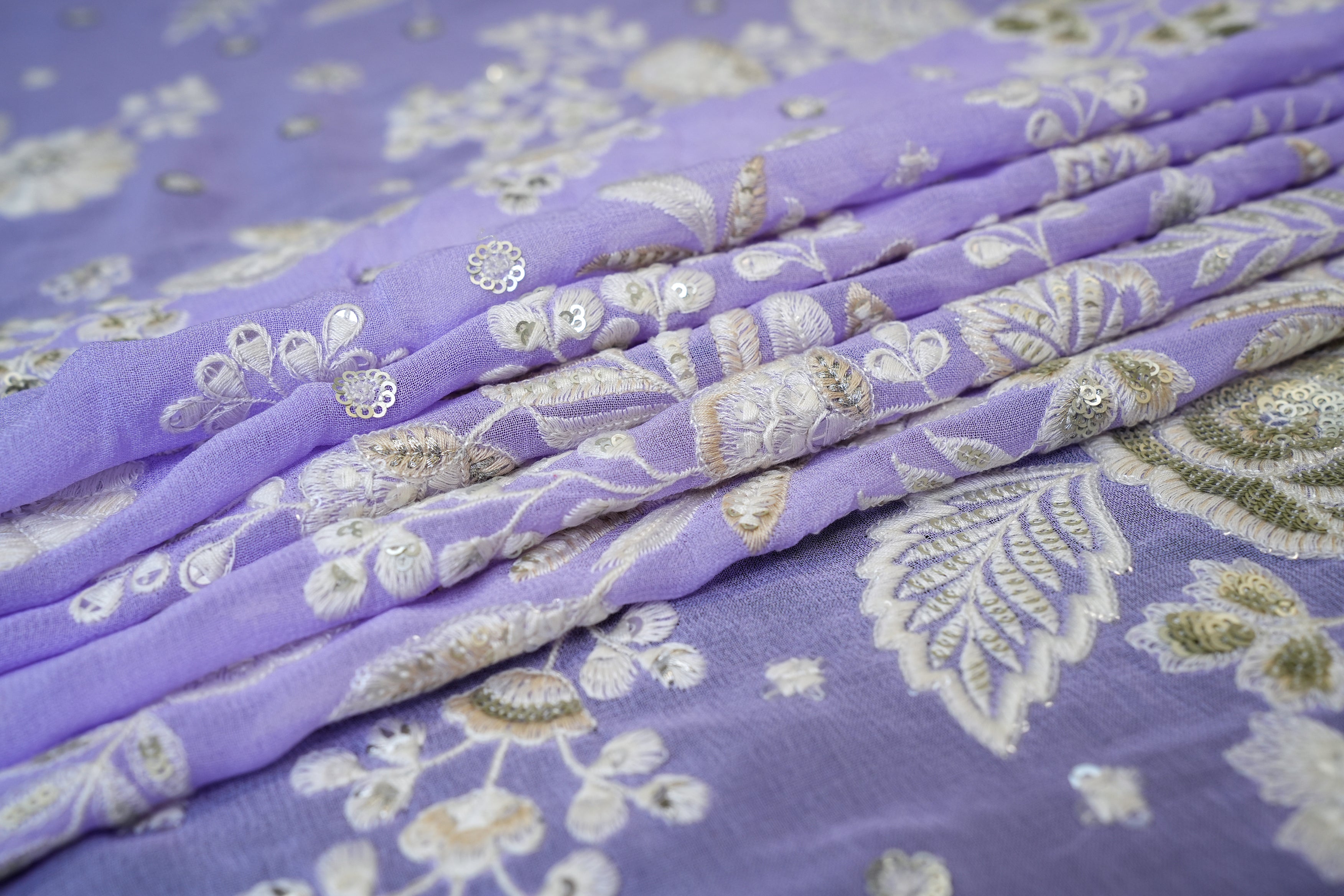 Lavender Georgette with White Threadwork & Silver Floral Sequins