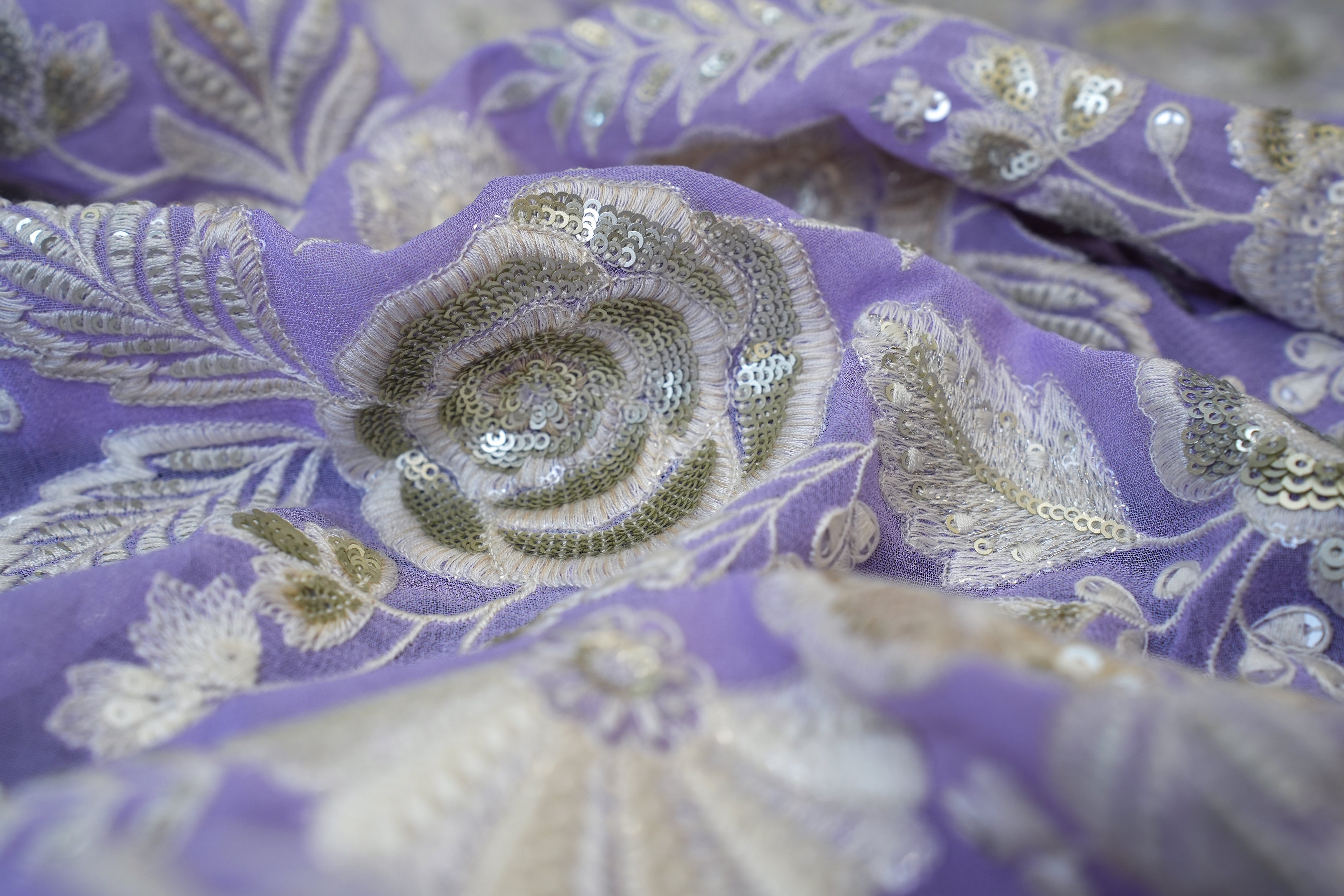 Lavender Georgette with White Threadwork & Silver Floral Sequins