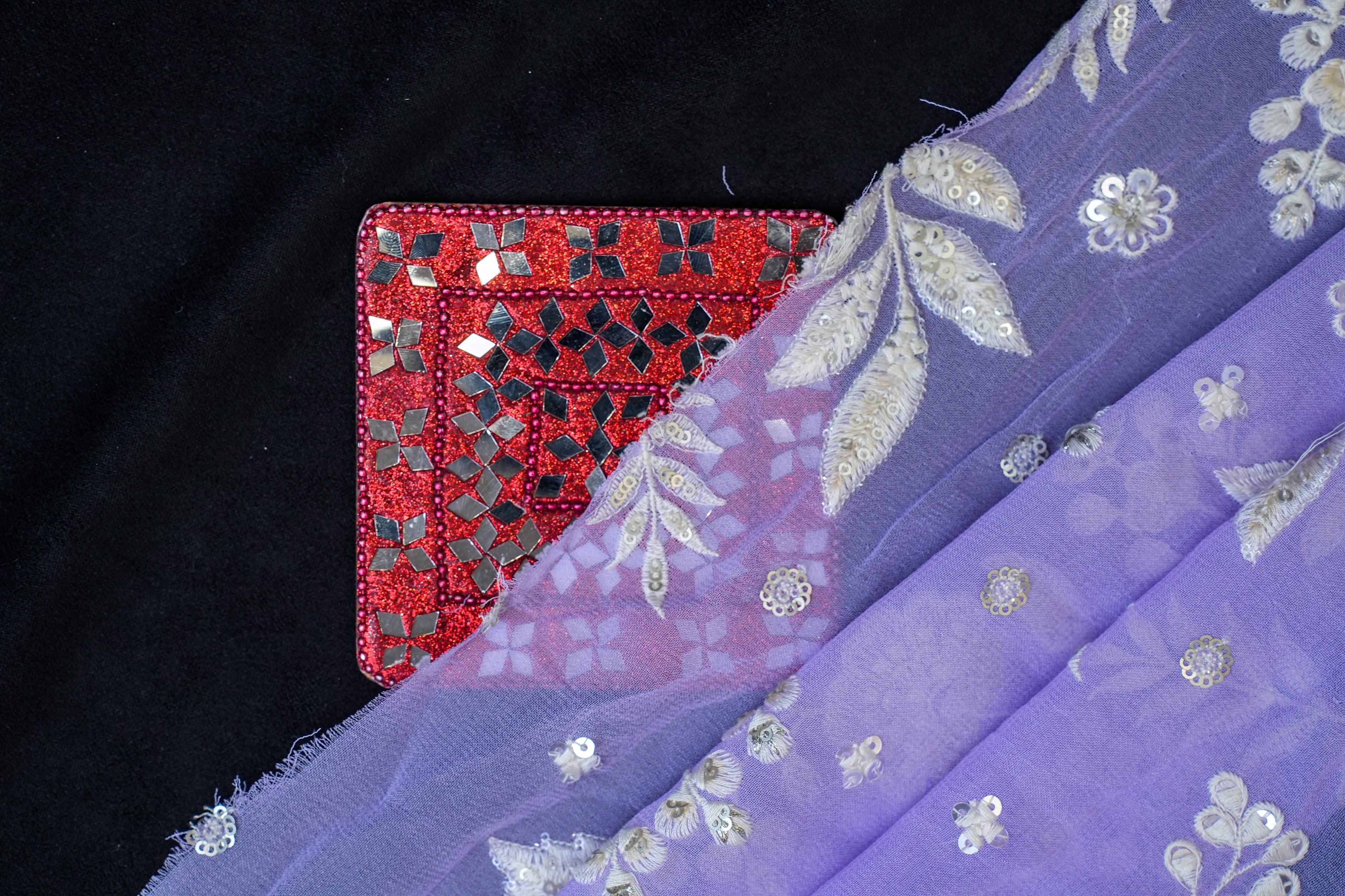 Lavender Georgette with White Threadwork & Silver Floral Sequins