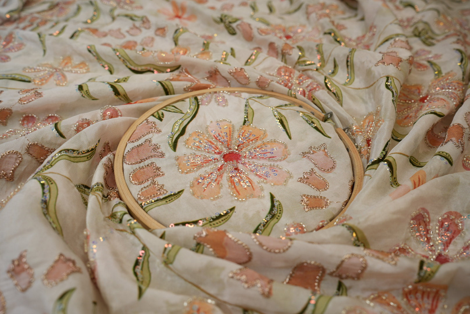 Peach Floral Crepe with Zari & Rainbow Sequin Embroidery Elegance