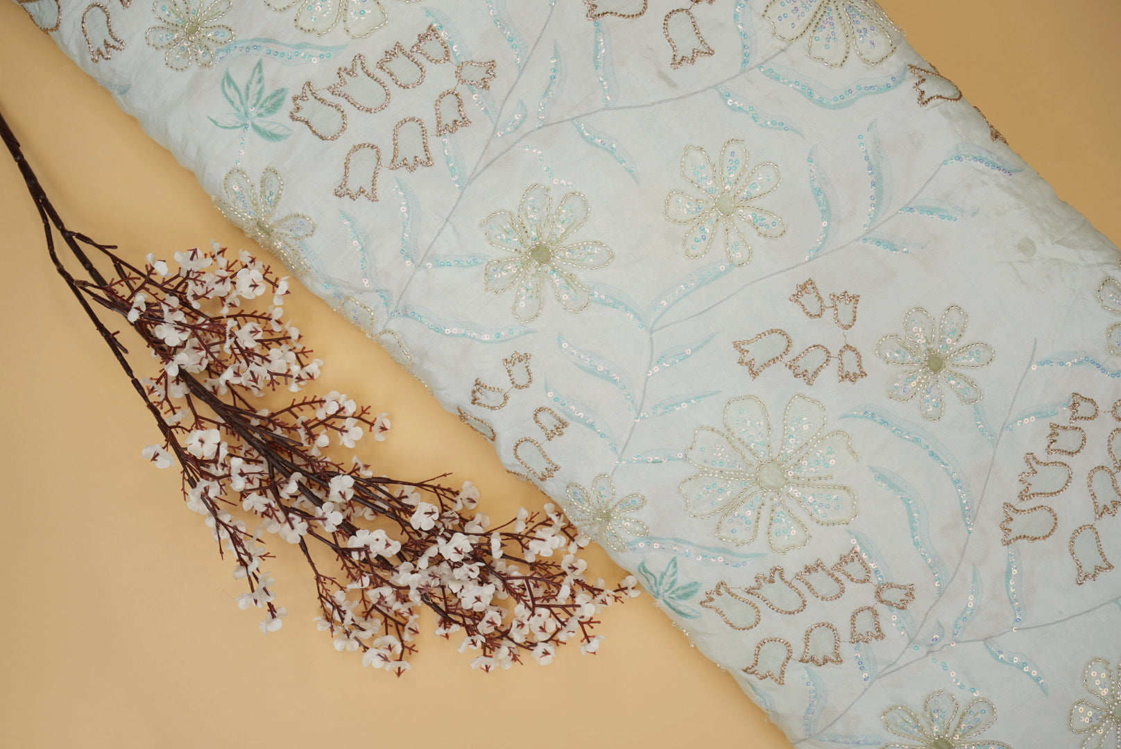 Light blue Floral Crepe with Zari & Rainbow Sequin Embroidery Elegance