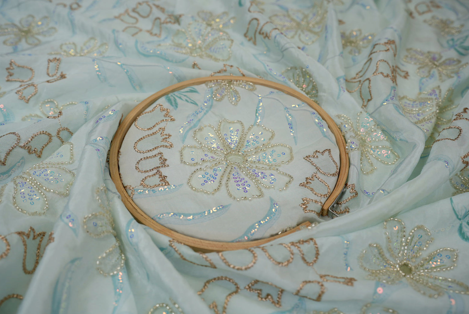 Light blue Floral Crepe with Zari & Rainbow Sequin Embroidery Elegance