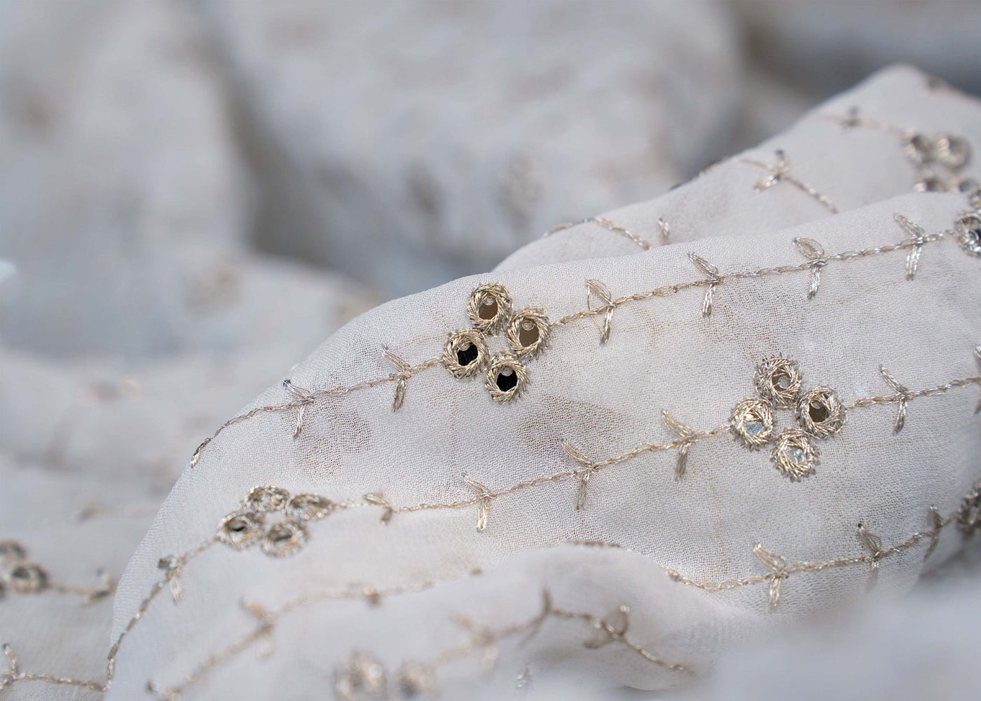 The Noor - White Georgette Fabric With Zari And Faux Mirror Border | 9161