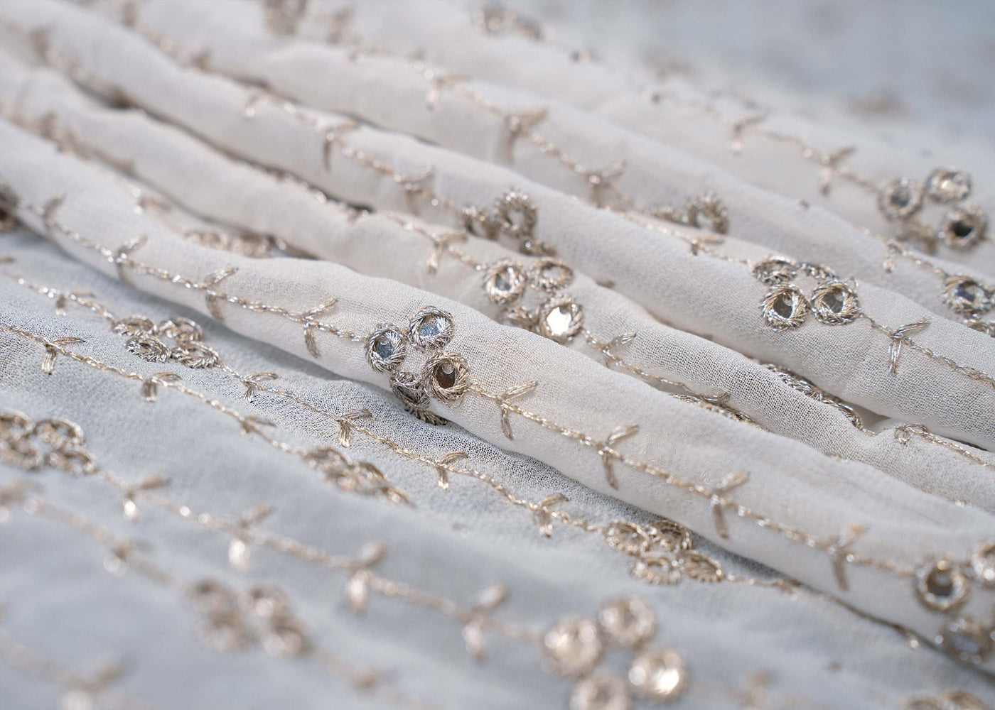 The Noor - White Georgette Fabric With Zari And Faux Mirror Border | 9161