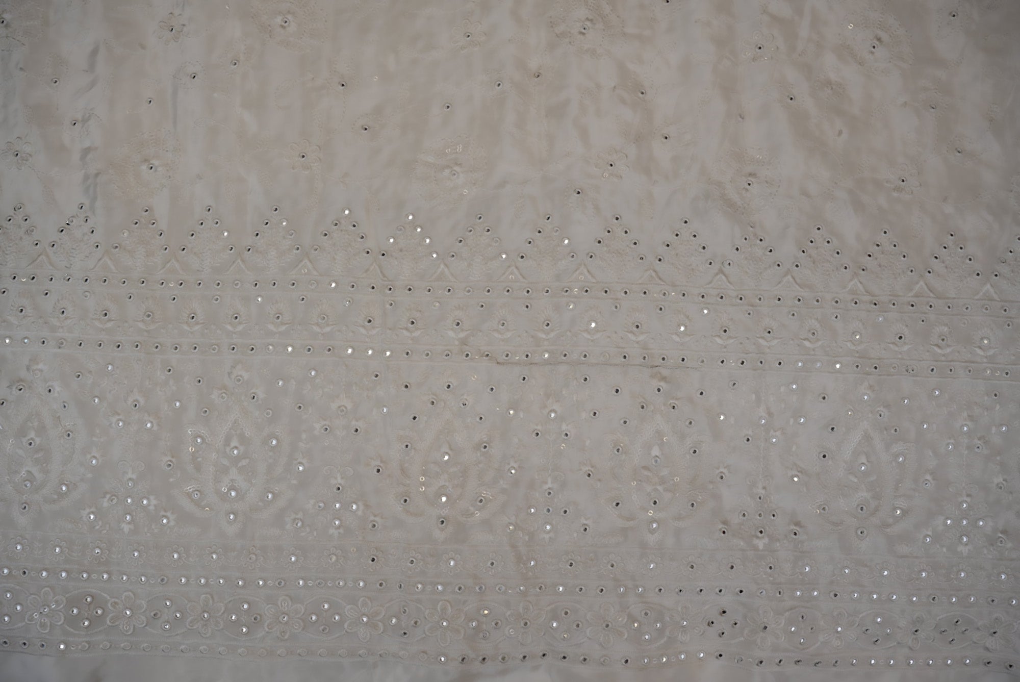 White Crepe Fabric with Sequins & Zari- Elegant Traditional Patterns