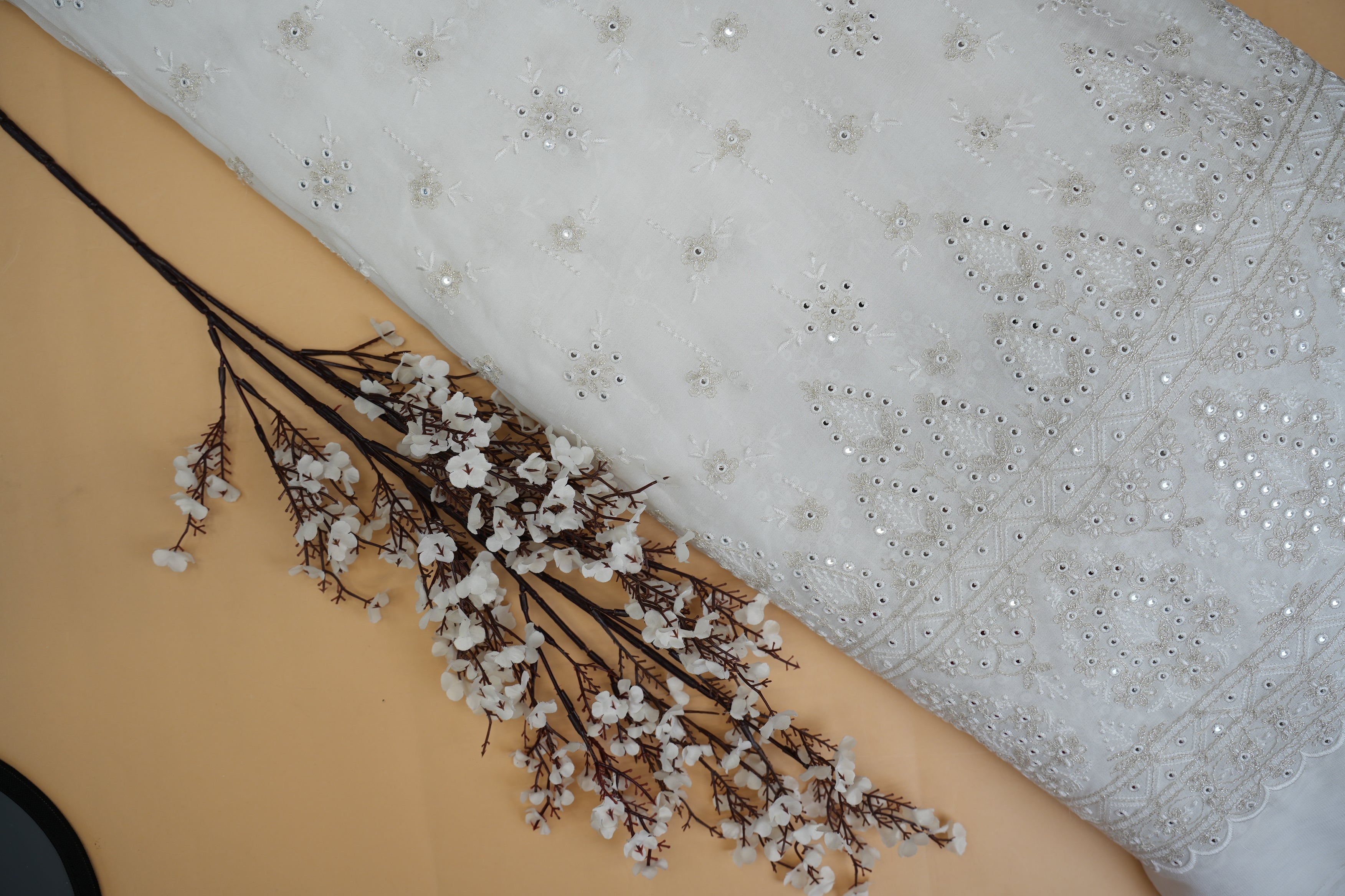 Floral White Thread Work With Faux Mirror Georgette Fabric With Border