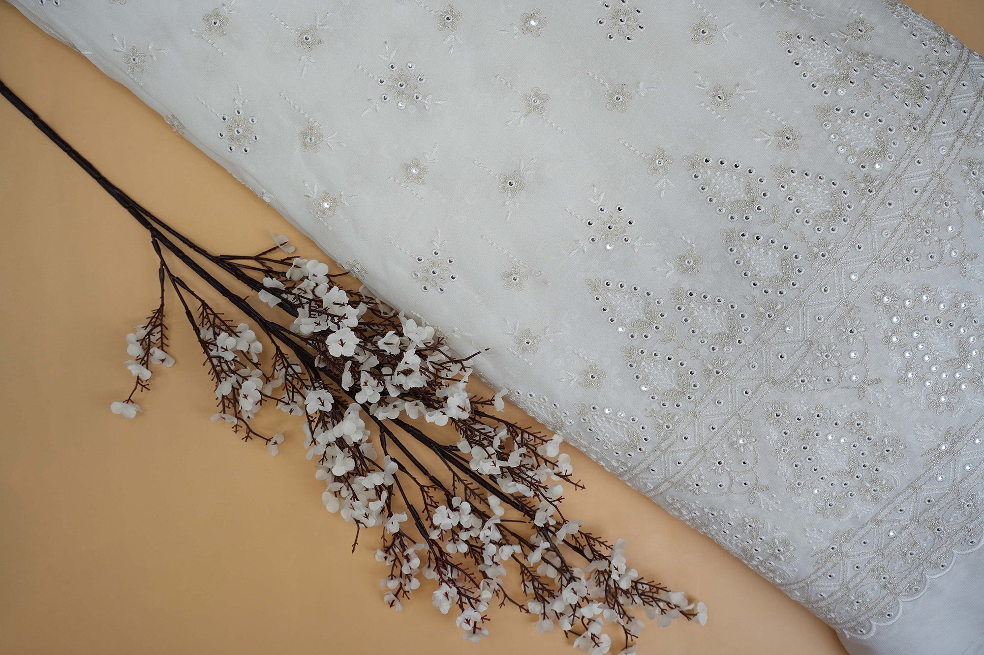 Floral White Thread Work With Faux Mirror Georgette Fabric With Border- Paras Gallery Fabrics