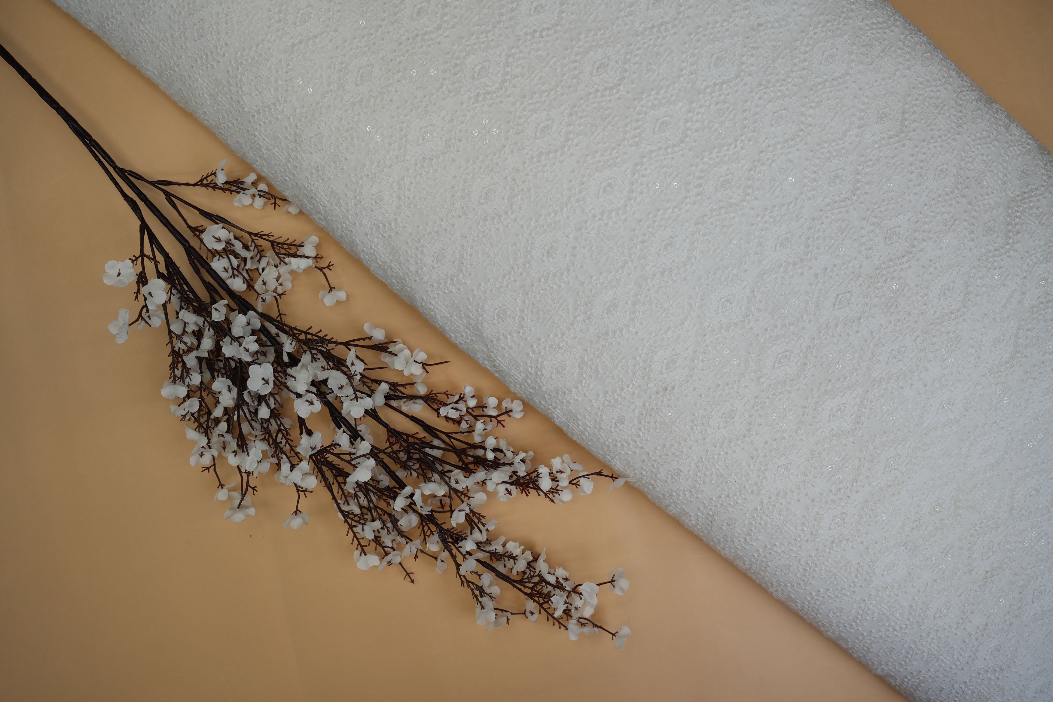 Abstract Pattern White Thread Work With Water Sequins Soft Embroidered Georgette Fabric- Paras Gallery Fabrics