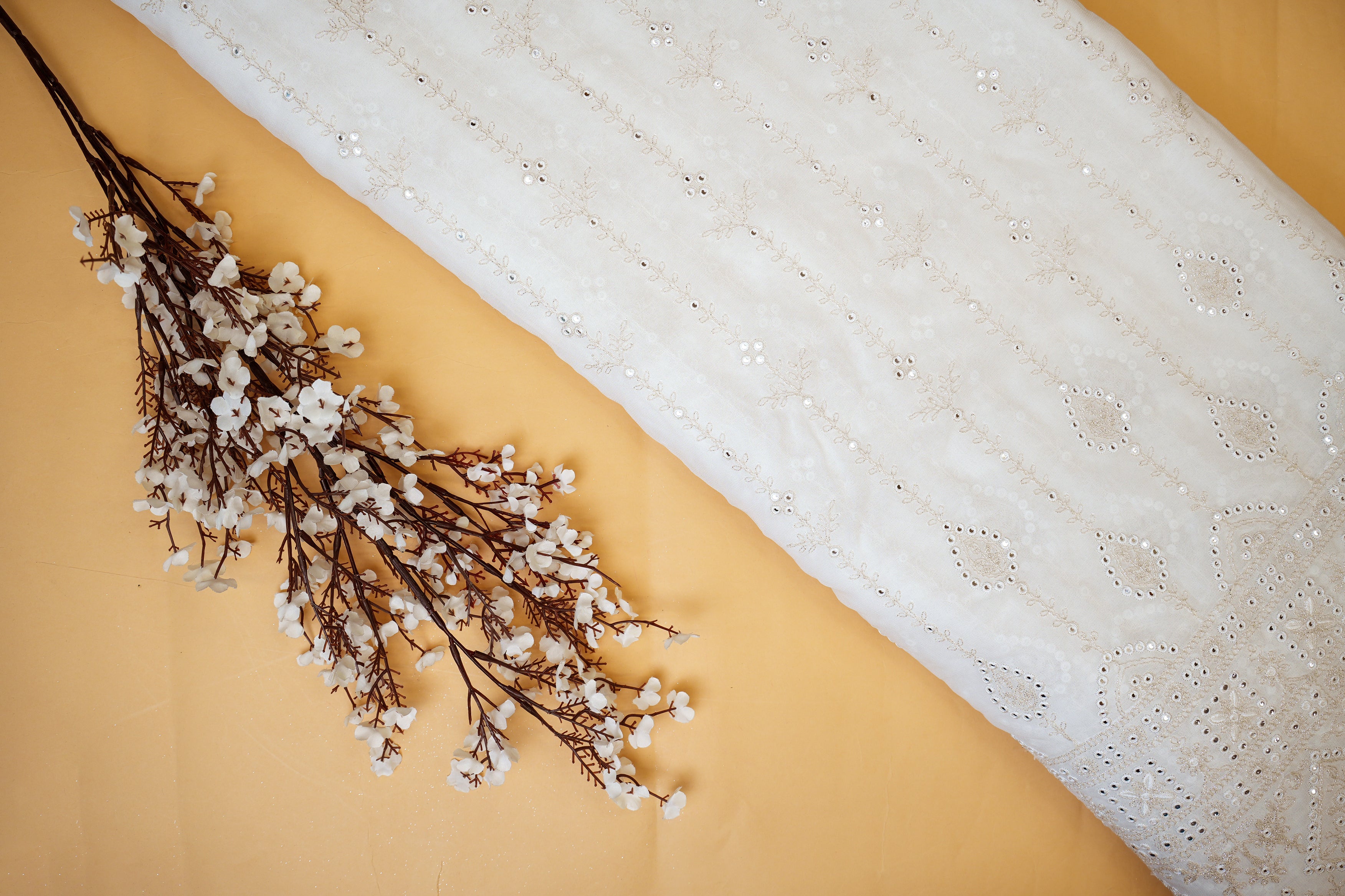 Beautiful White Thread With Faux Mirror Georgette Fabric With Border