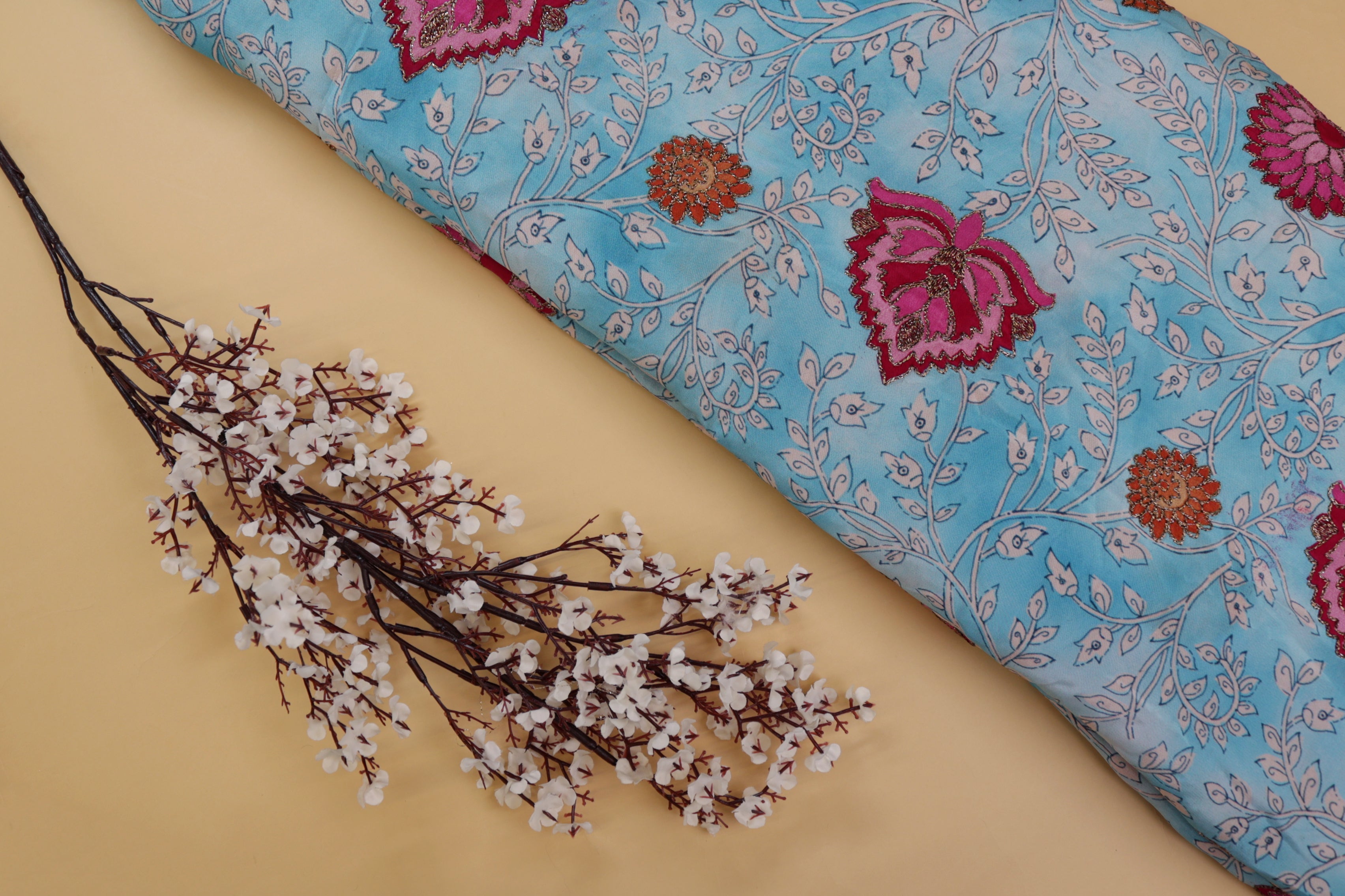 Sky blue digital floral printed crepe with zari embroidery