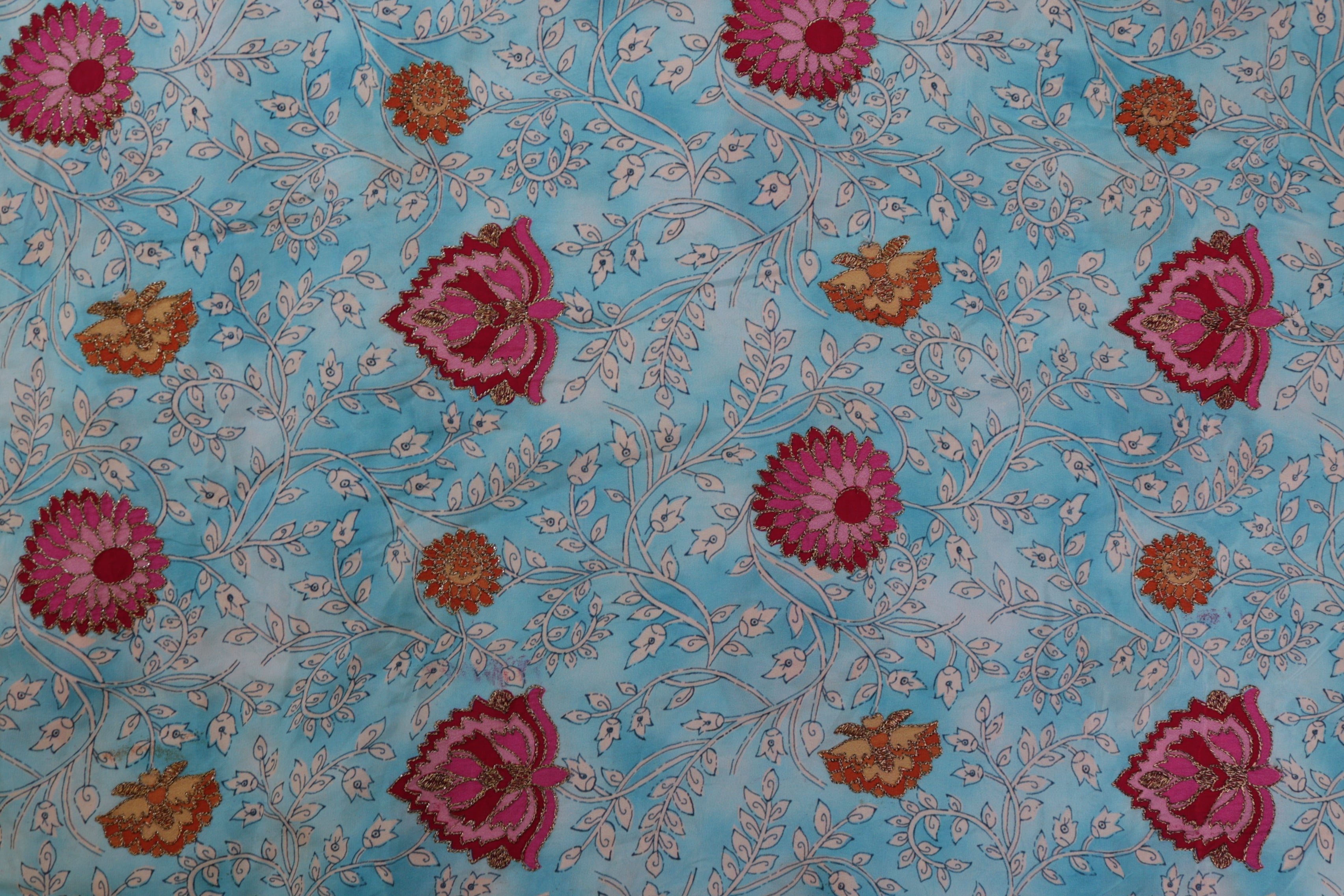 Sky blue digital floral printed crepe with zari embroidery