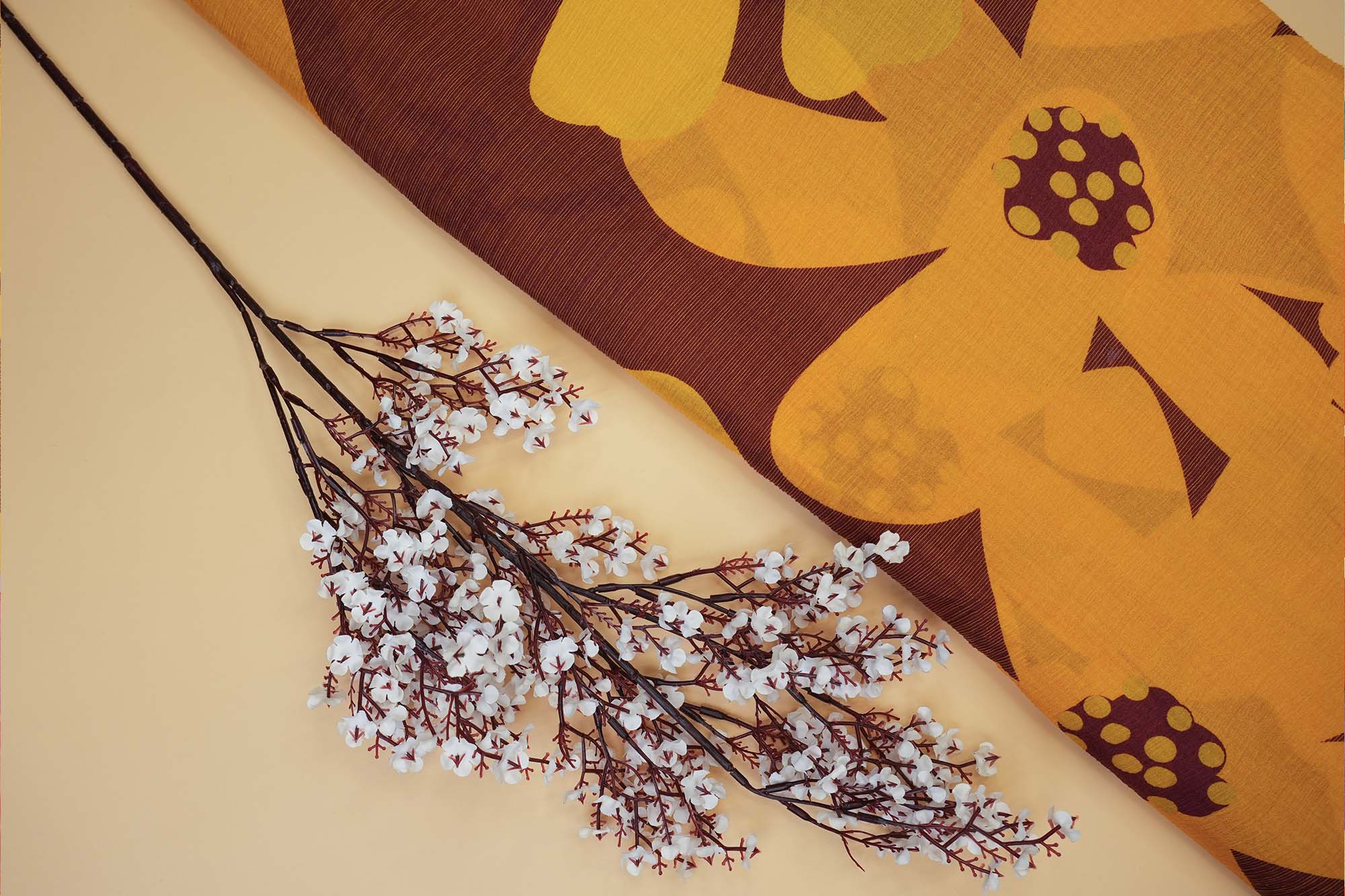 Mustard Floral Digital Print On Brown Chinnon Chiffon Fabric