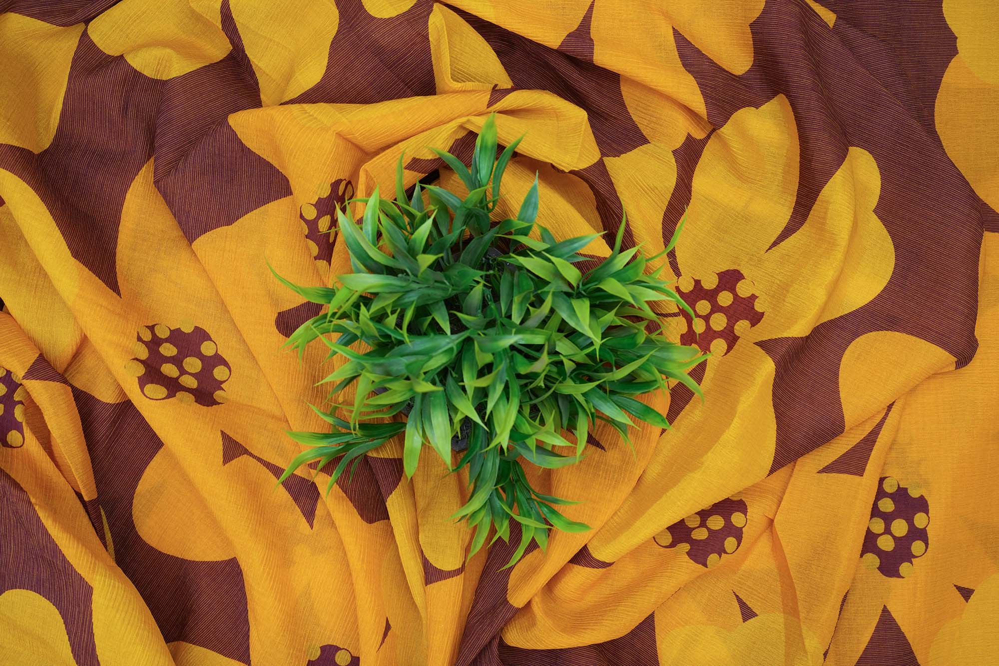 Mustard Floral Digital Print On Brown Chinnon Chiffon Fabric