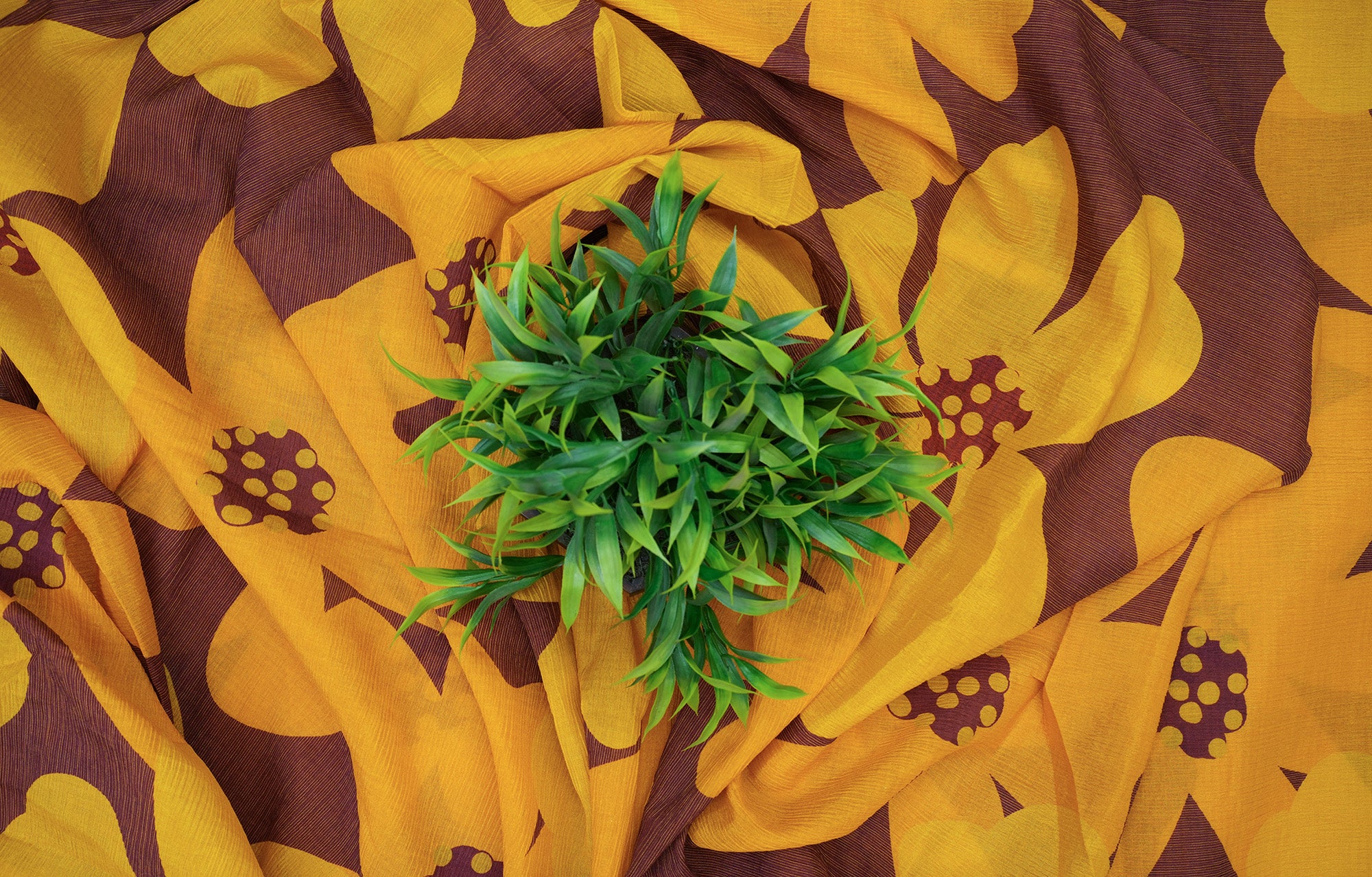 Mustard Floral Digital Print On Brown Chinnon Chiffon Fabric