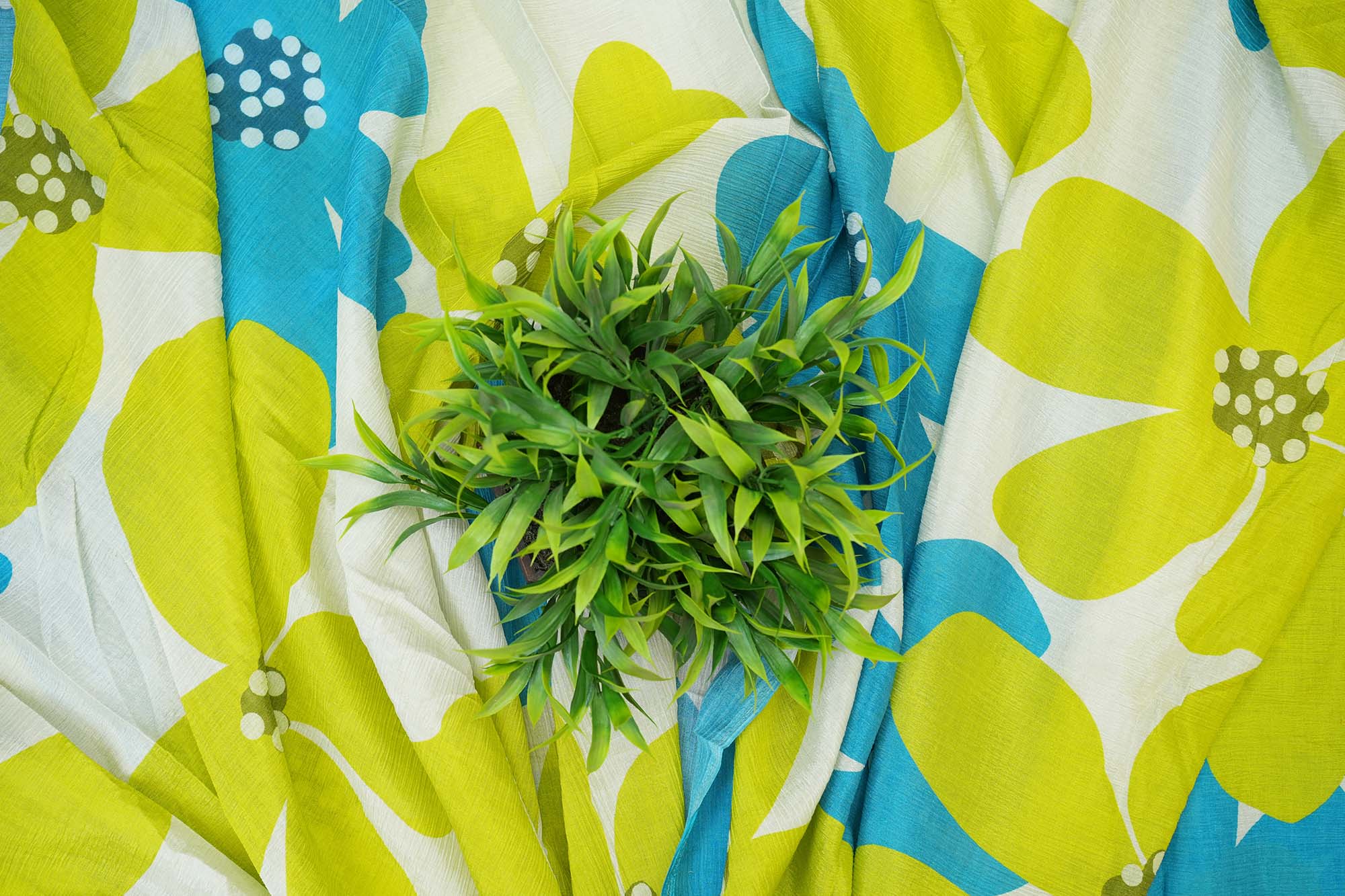 Lime Green And Blue Floral Digital Print On Off-White Chinnon Chiffon Fabric