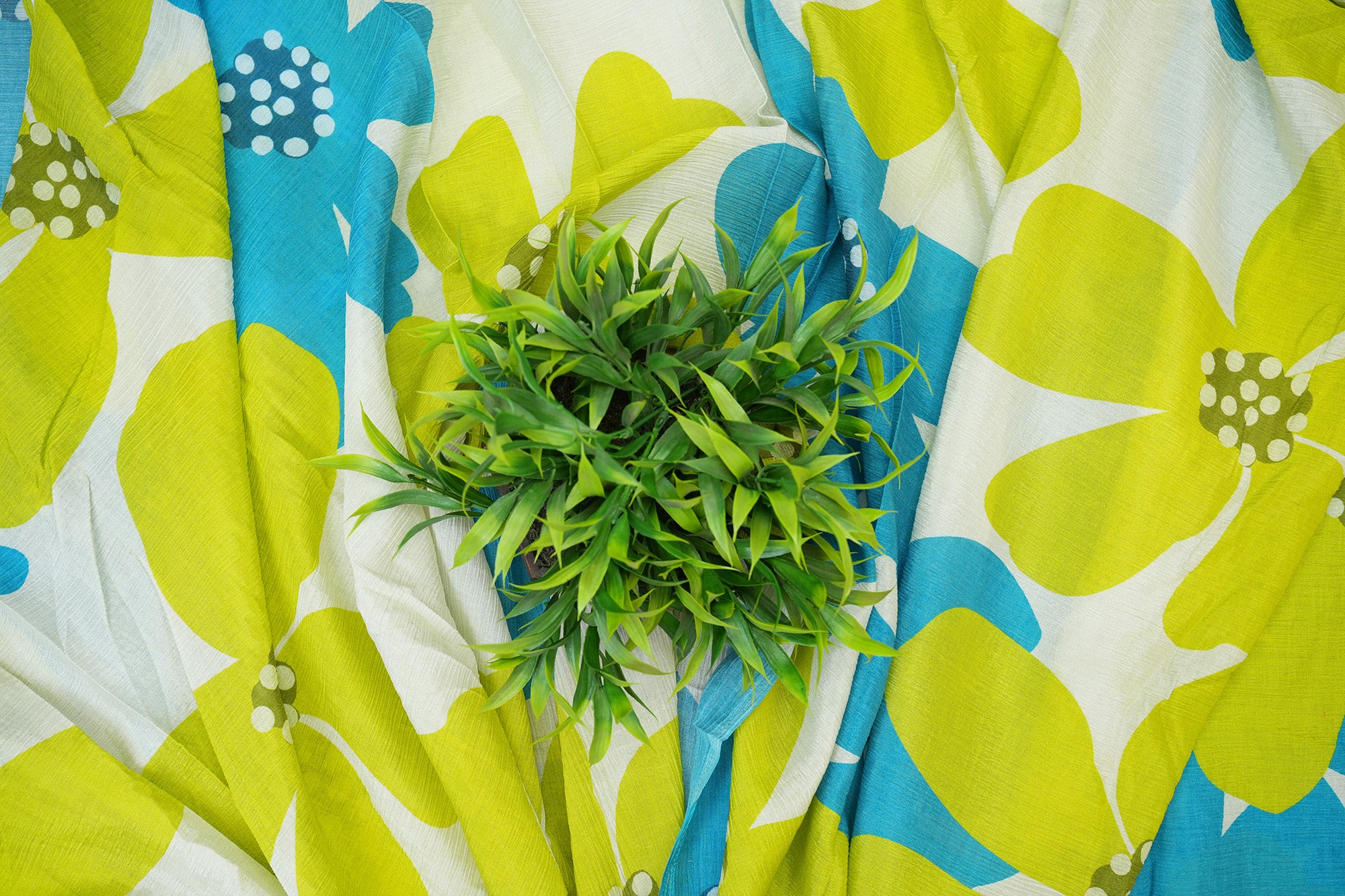 Lime Green And Blue Floral Digital Print On Off-White Chinnon Chiffon Fabric