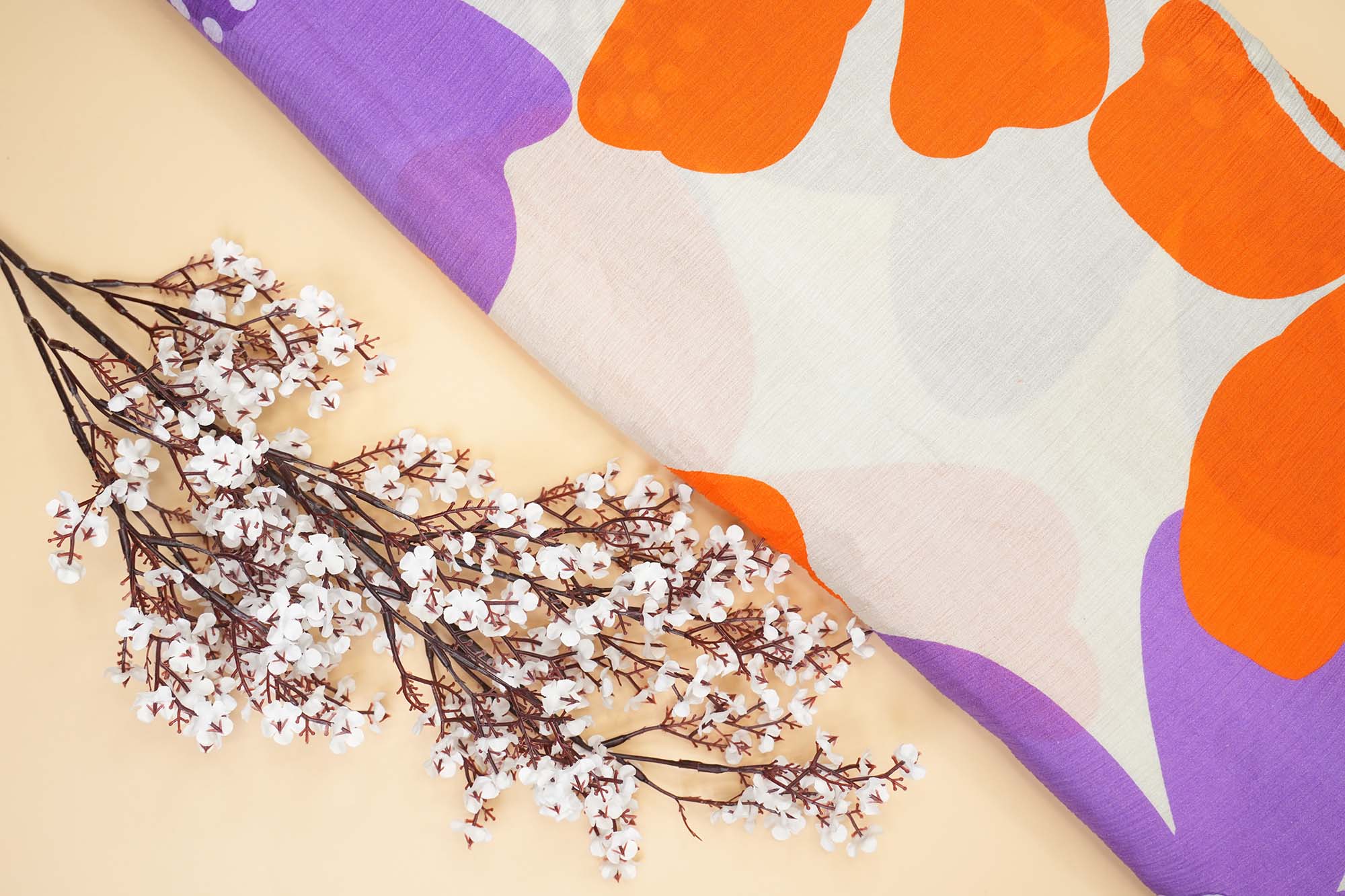 Purple And Orange Floral Digital Print On Off-White Chinnon Chiffon Fabric