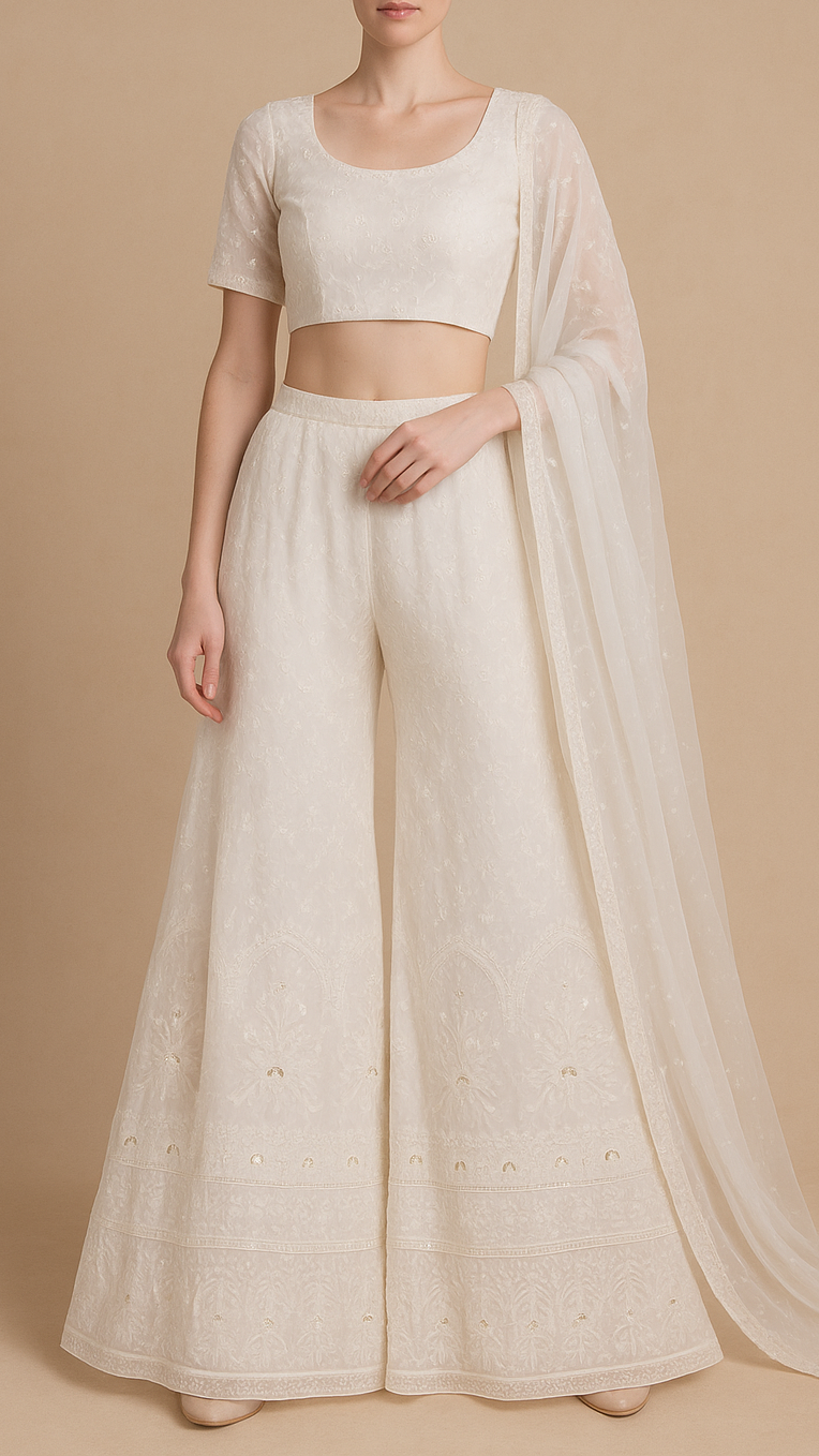 White Dyeable Georgette Fabric With All Over Thread And Sequins Work With One Side Border 19156