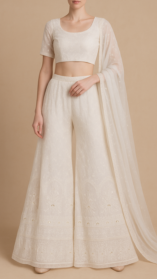 White Dyeable Georgette Fabric With All Over Thread And Sequins Work With One Side Border 19156