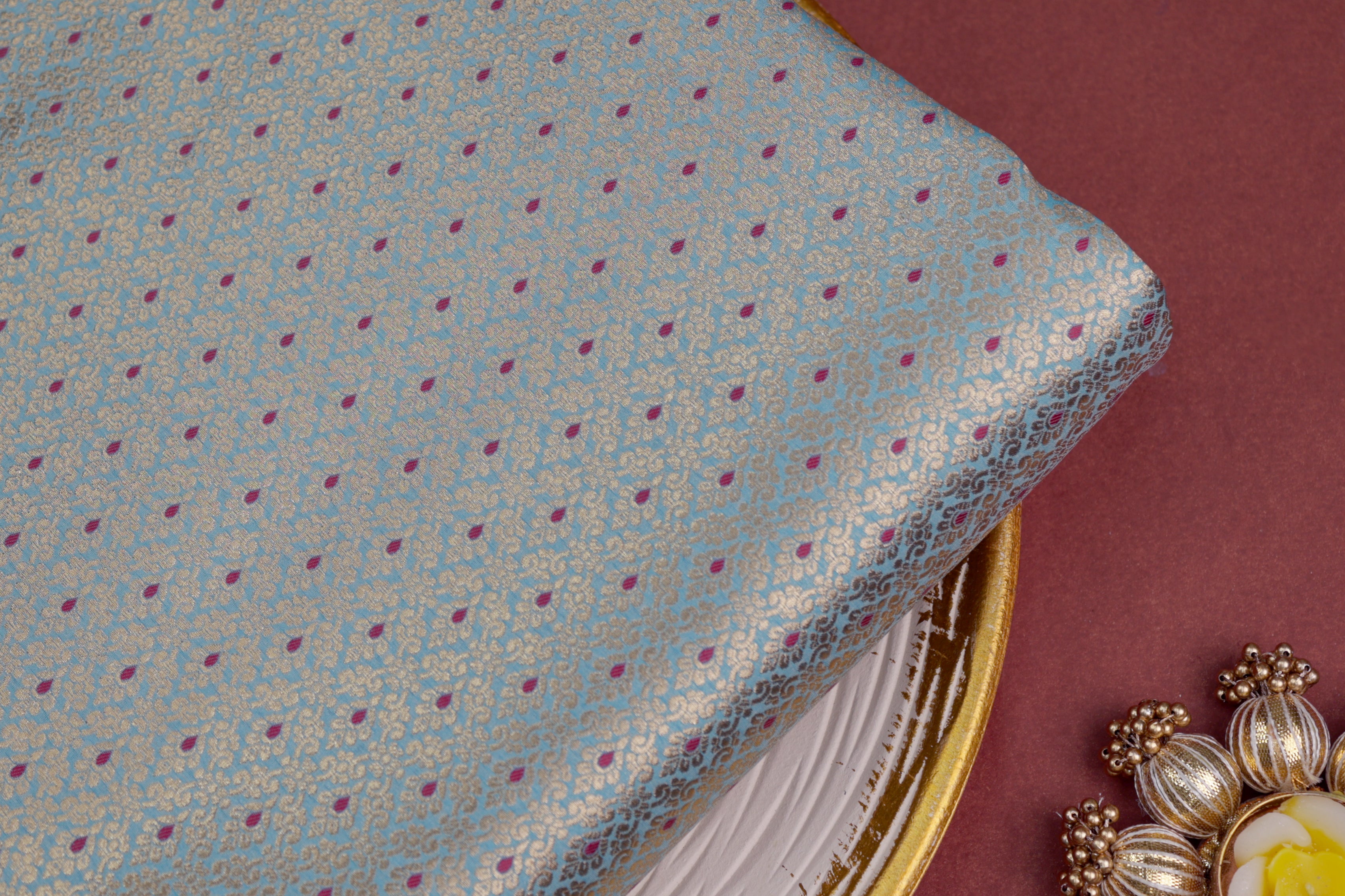 Blue colour banarasi brocade fabric with beautiful traditional pattern