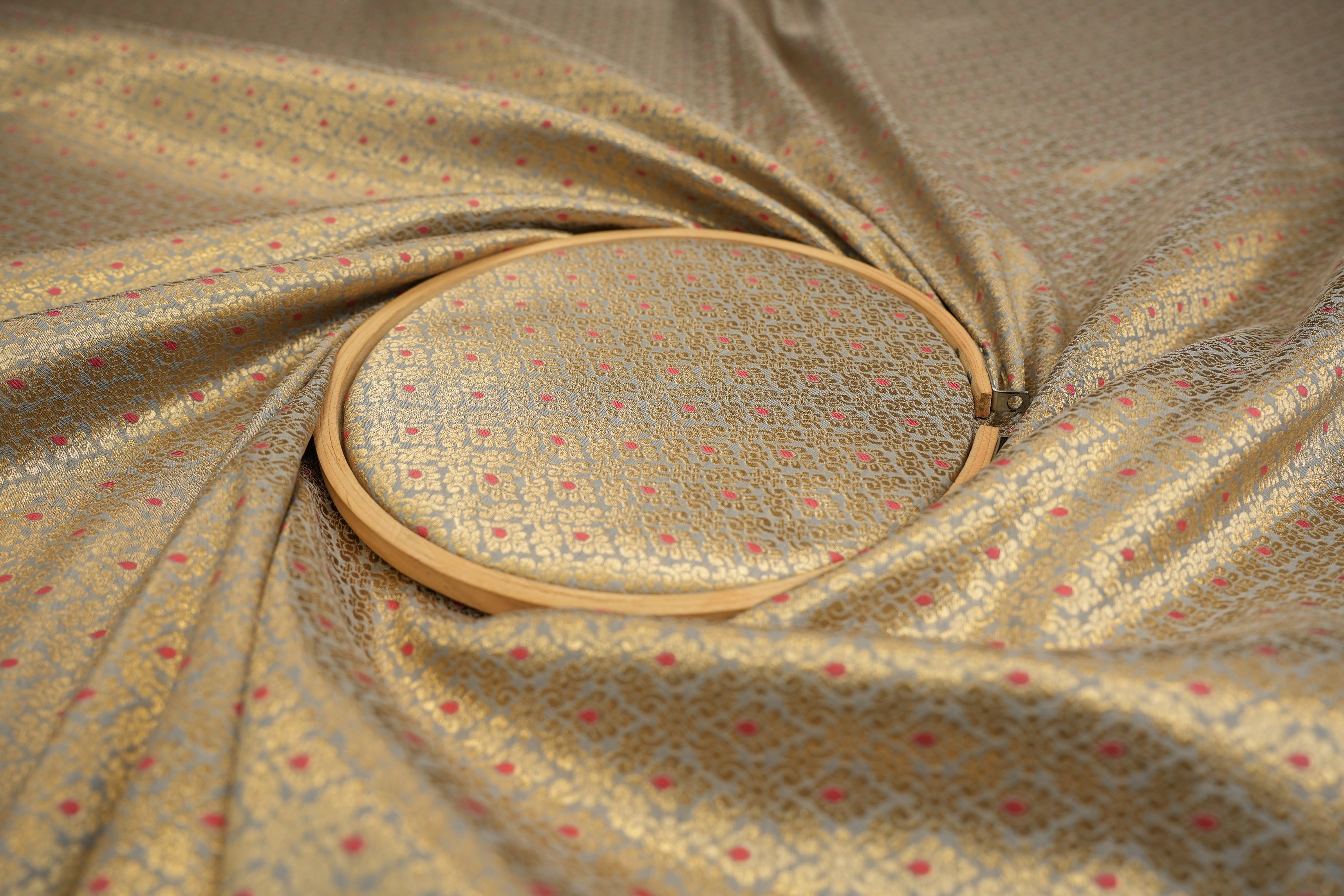 Grey colour banarasi brocade fabric with beautiful traditional pattern