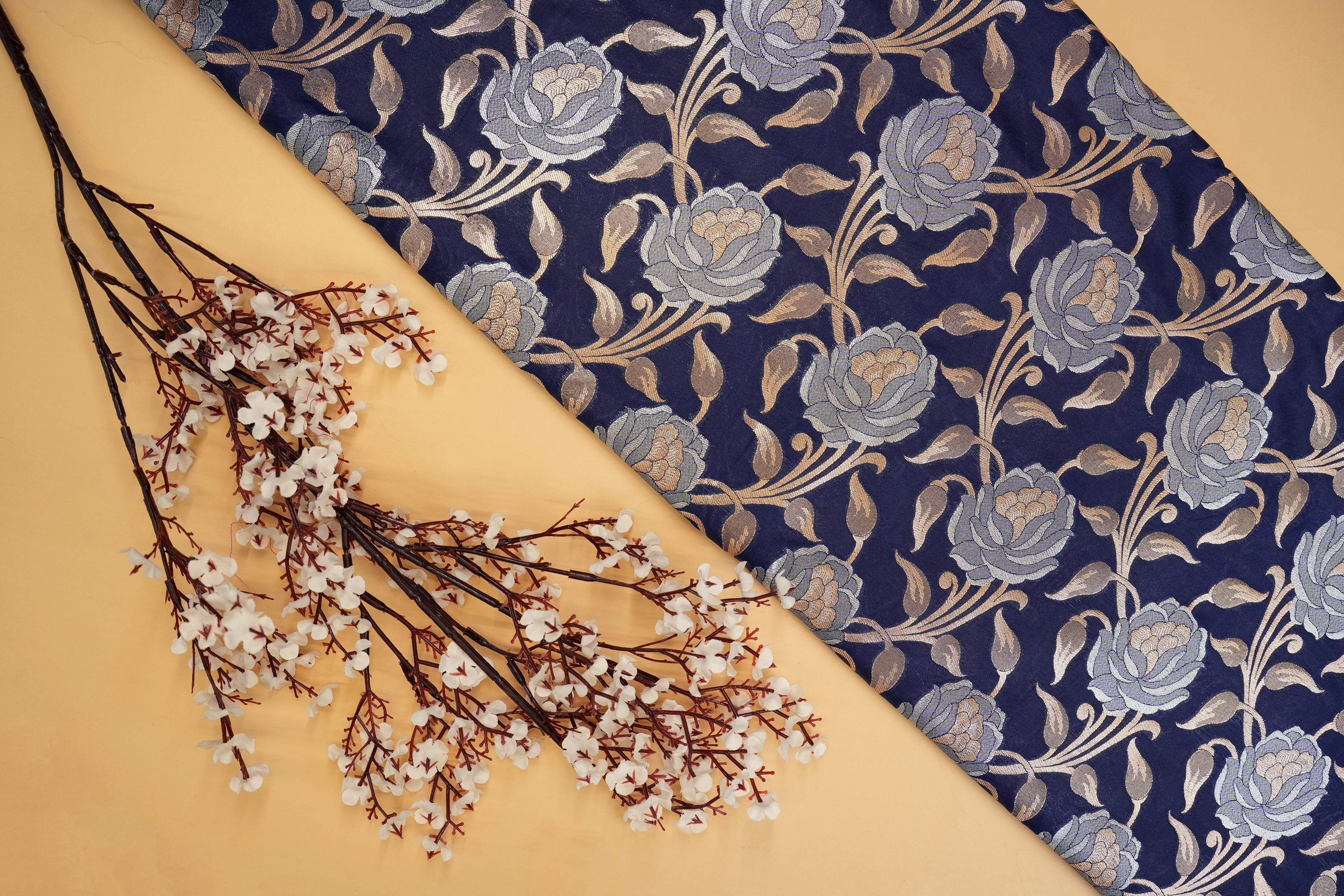 Midnight blue colour banarasi brocade fabric with beautiful floral pattern