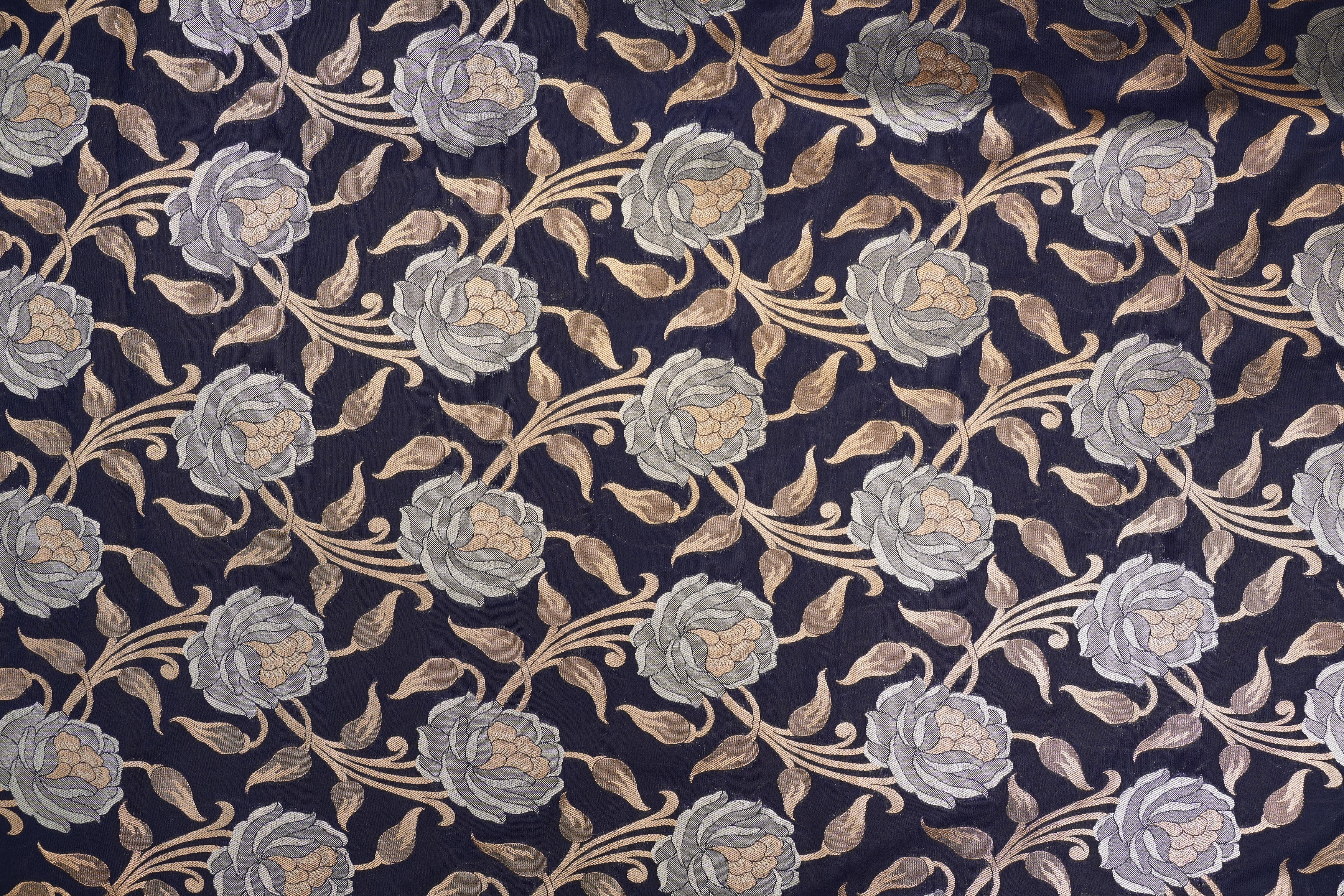 Midnight blue colour banarasi brocade fabric with beautiful floral pattern