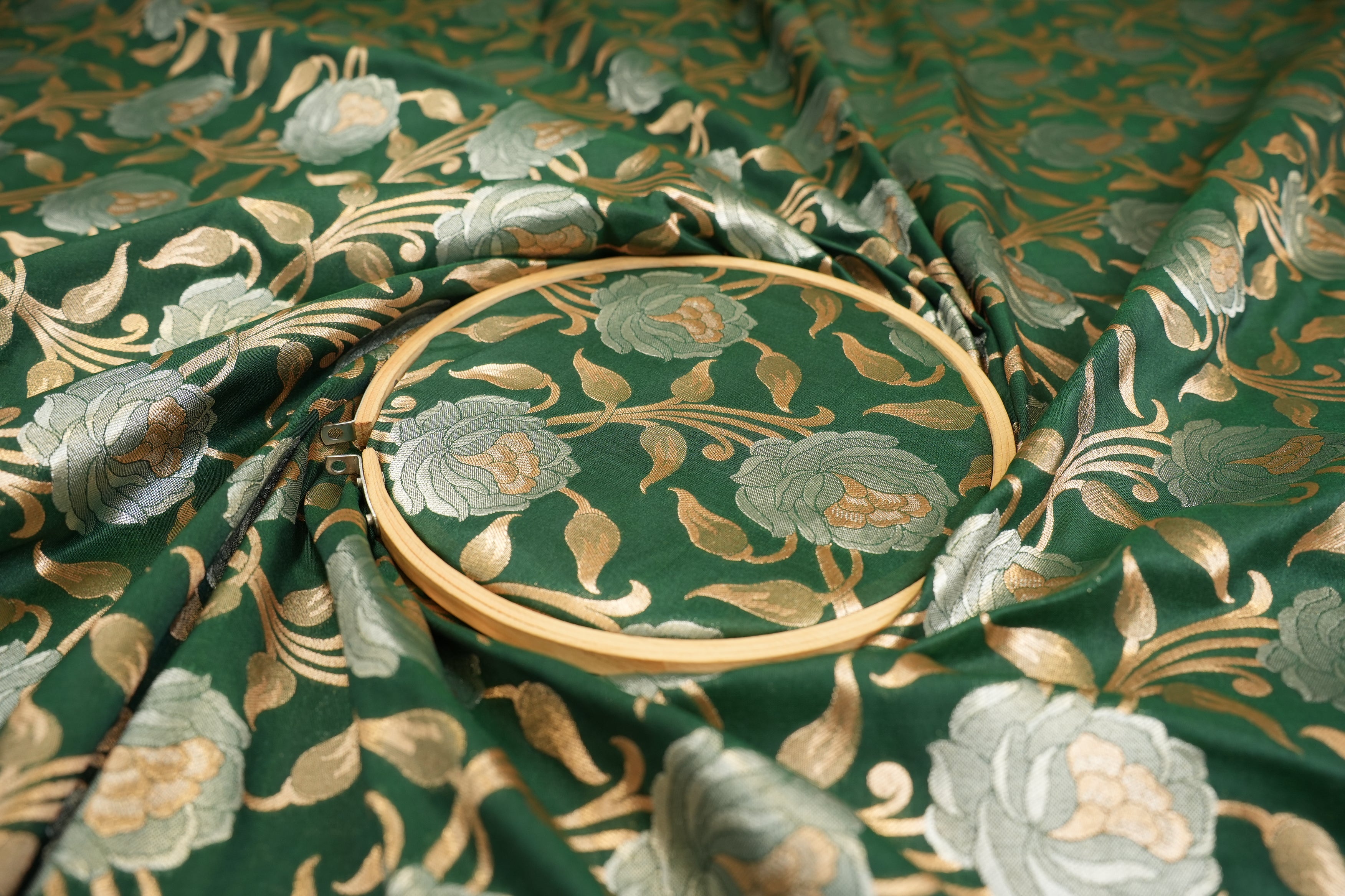 Green colour banarasi brocade fabric with beautiful floral pattern