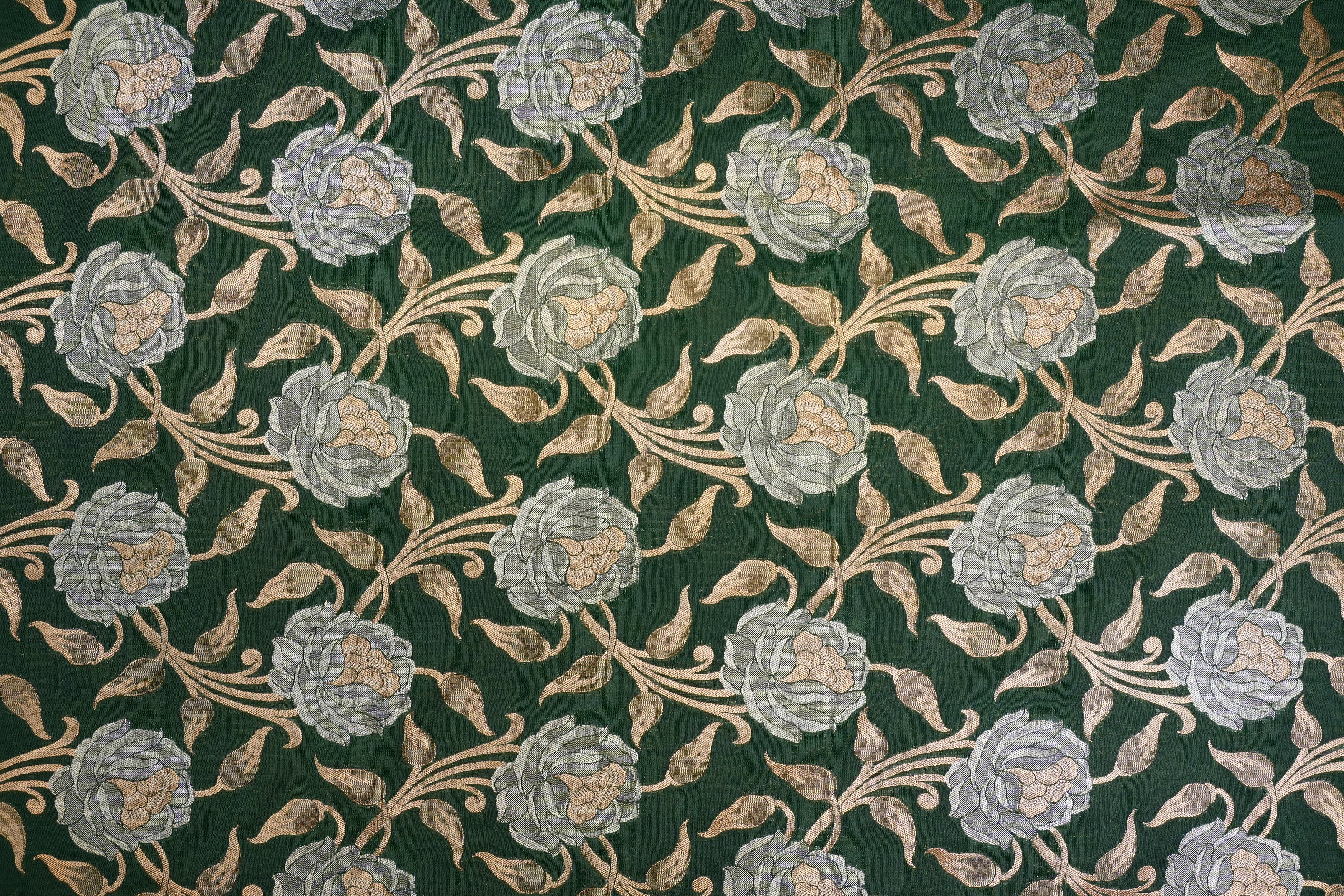 Green colour banarasi brocade fabric with beautiful floral pattern