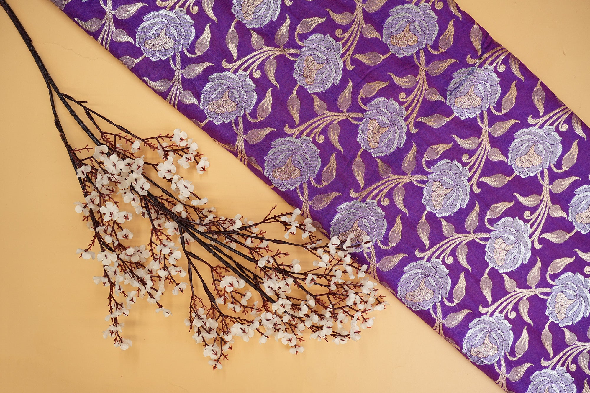 Purple colour banarasi brocade fabric with beautiful floral pattern