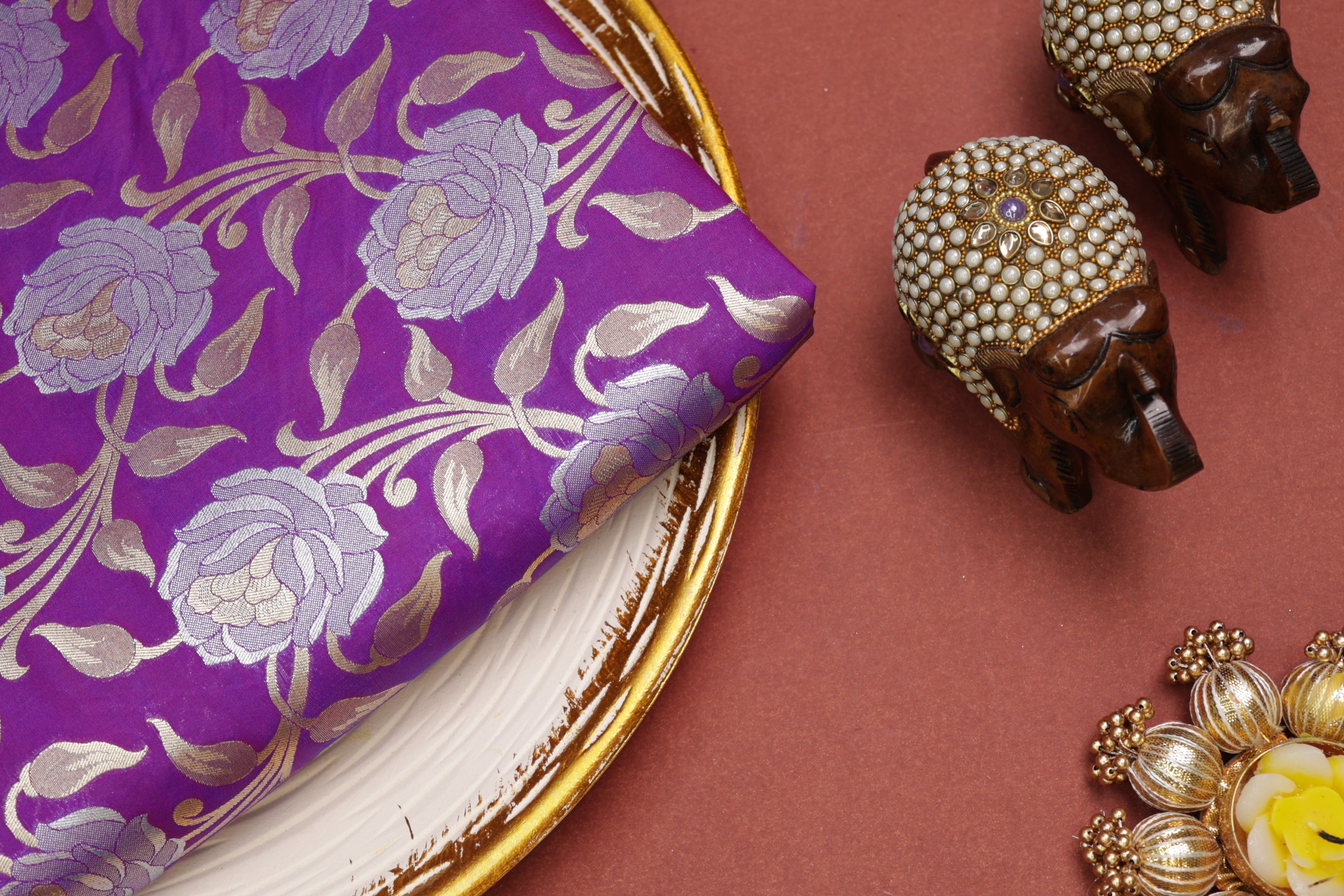 Purple colour banarasi brocade fabric with beautiful floral pattern