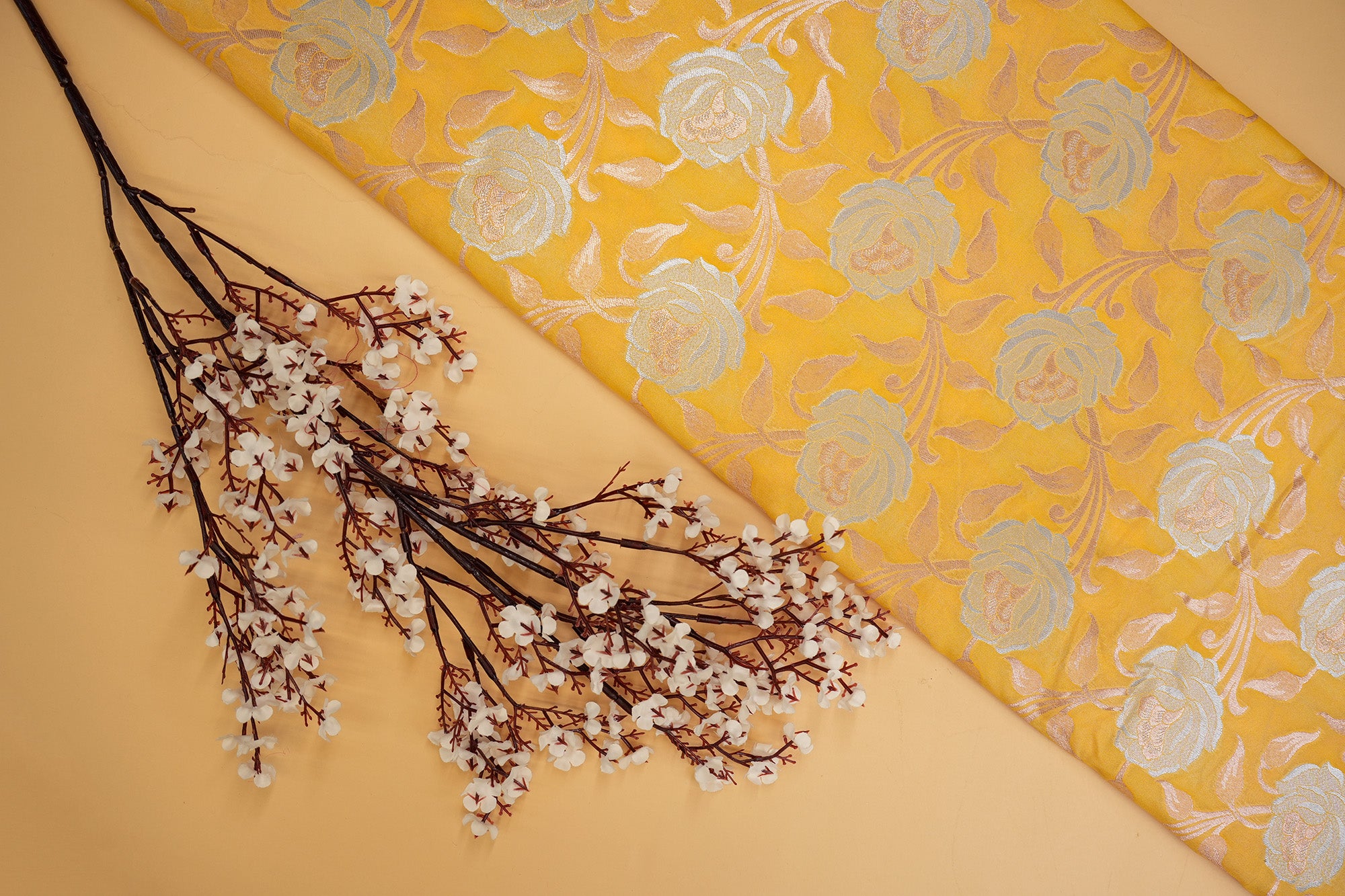 Yellow colour banarasi brocade fabric with beautiful floral pattern