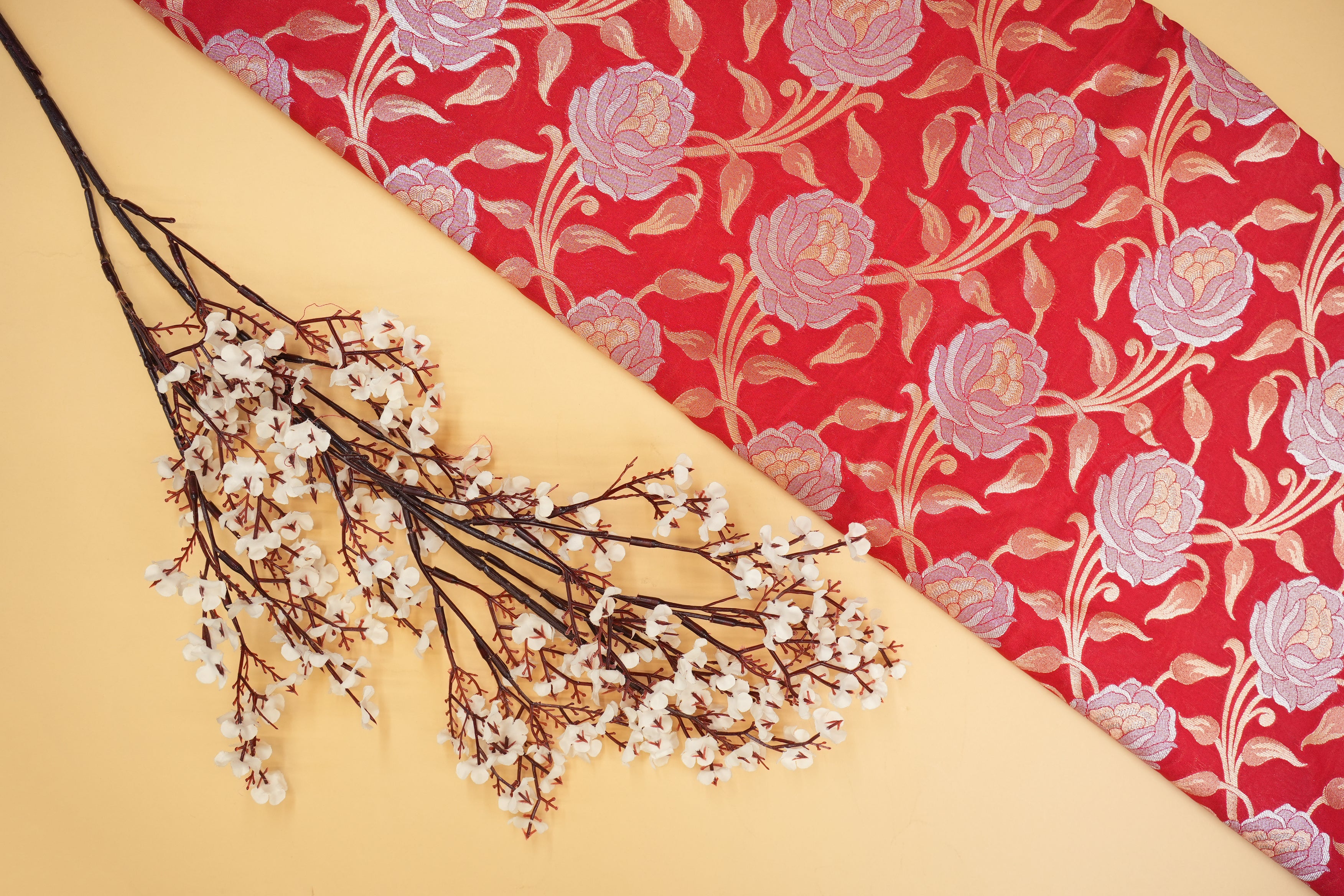 Red colour banarasi brocade fabric with beautiful floral pattern