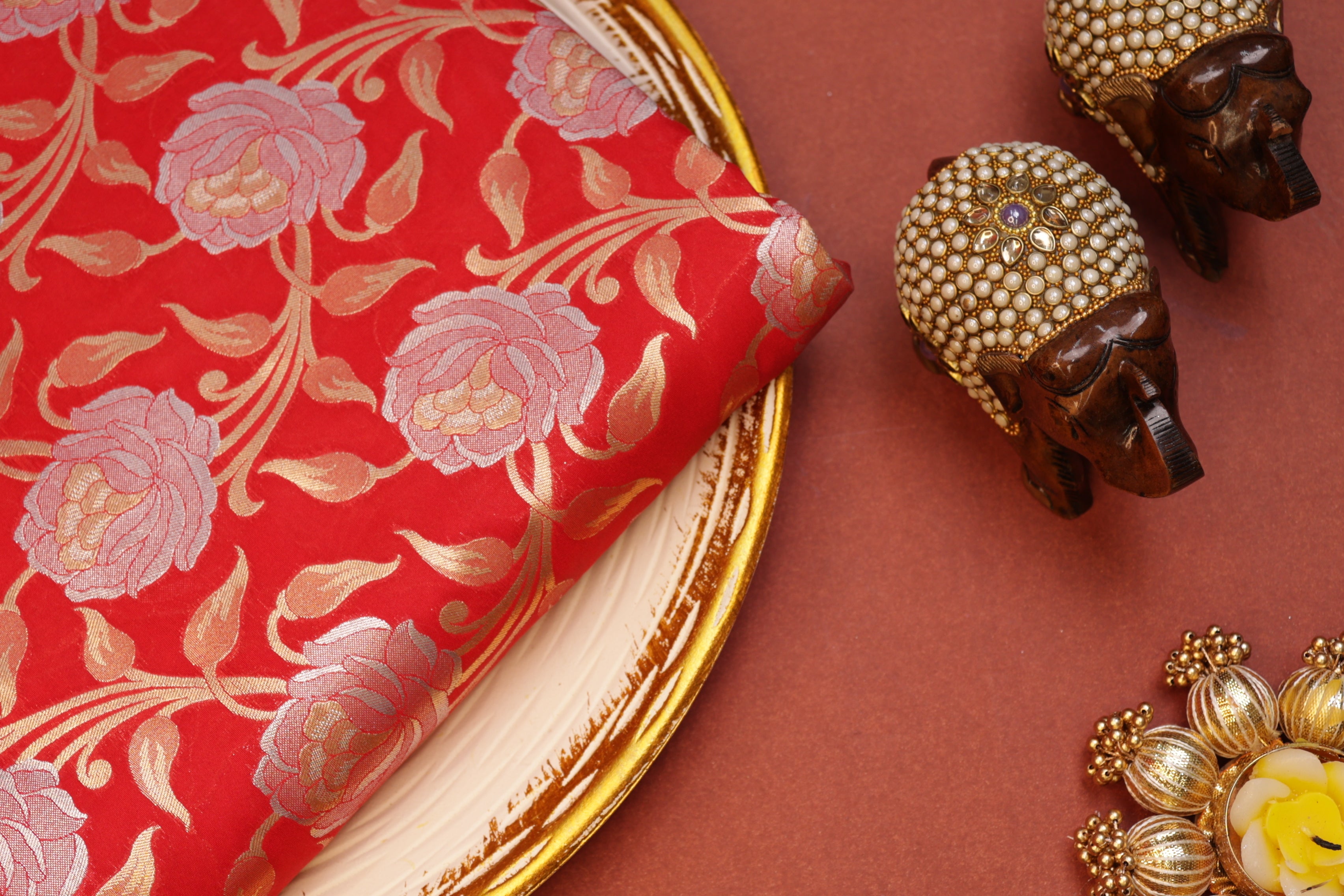 Red colour banarasi brocade fabric with beautiful floral pattern